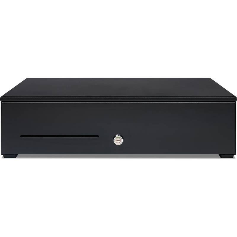 Eine schwarze Kassenschublade mit einem Schlitz und einem Schlüsselschloss an der Vorderseite, die in Einzelhandelsumgebungen zur sicheren Aufbewahrung von Bargeld und Münzen verwendet wird.