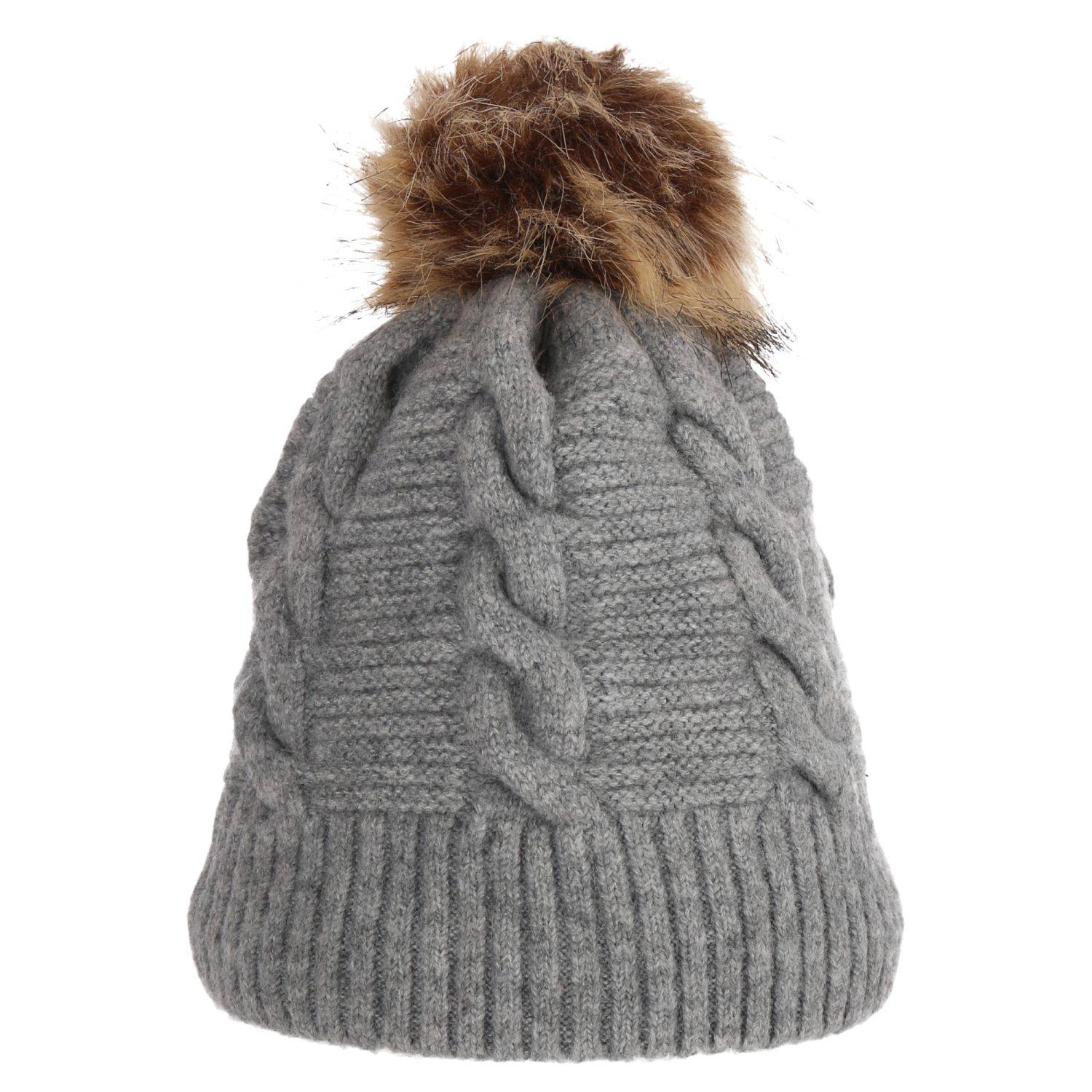 Wintermütze warm gefüttert mit Kunstfell Bommel-Mütze Fleece-Futter Winter Strick-Mütze Damen Herren One-Size Grau