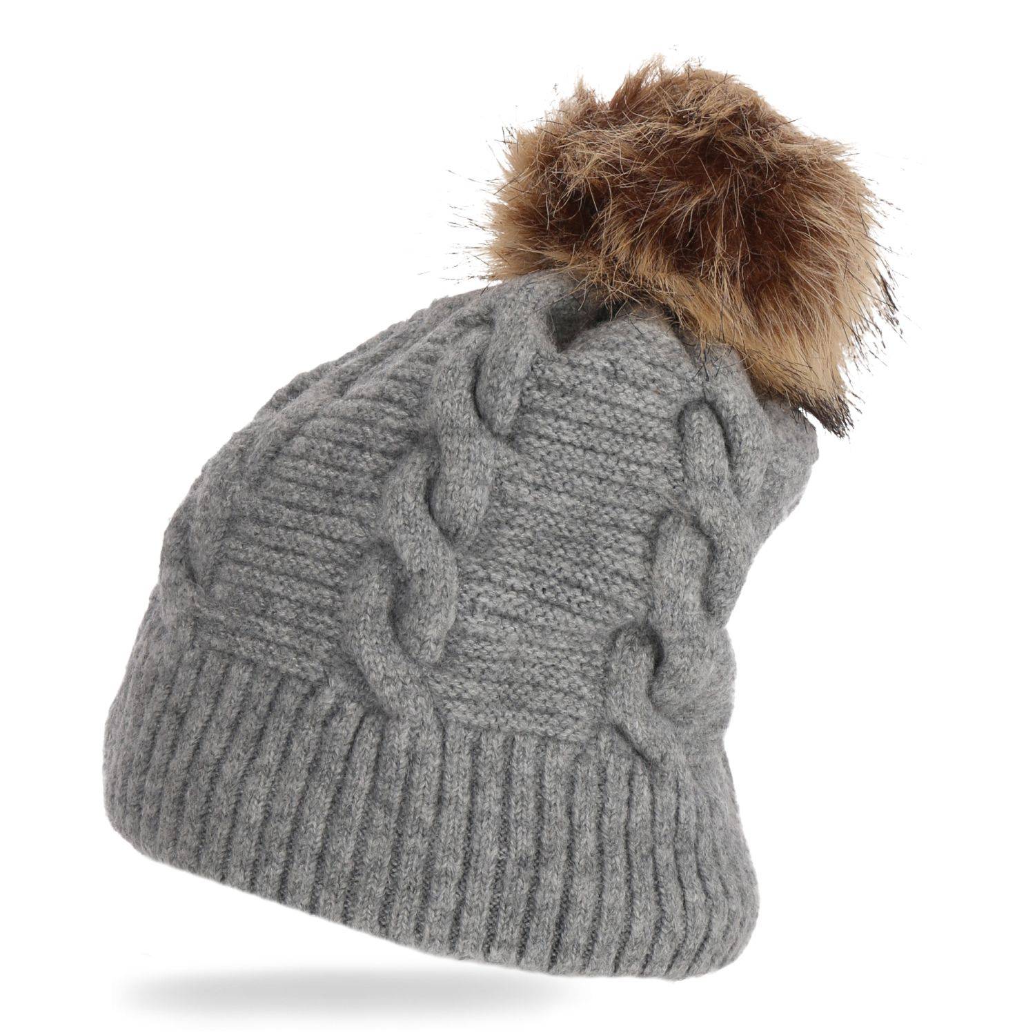 Wintermütze warm gefüttert mit Kunstfell Bommel-Mütze Fleece-Futter Winter Strick-Mütze Damen Herren One-Size Grau