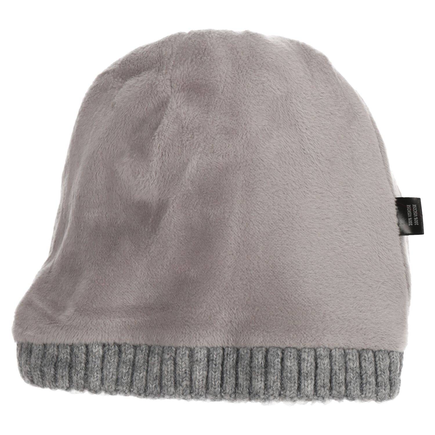 Wintermütze warm gefüttert mit Kunstfell Bommel-Mütze Fleece-Futter Winter Strick-Mütze Damen Herren One-Size Grau