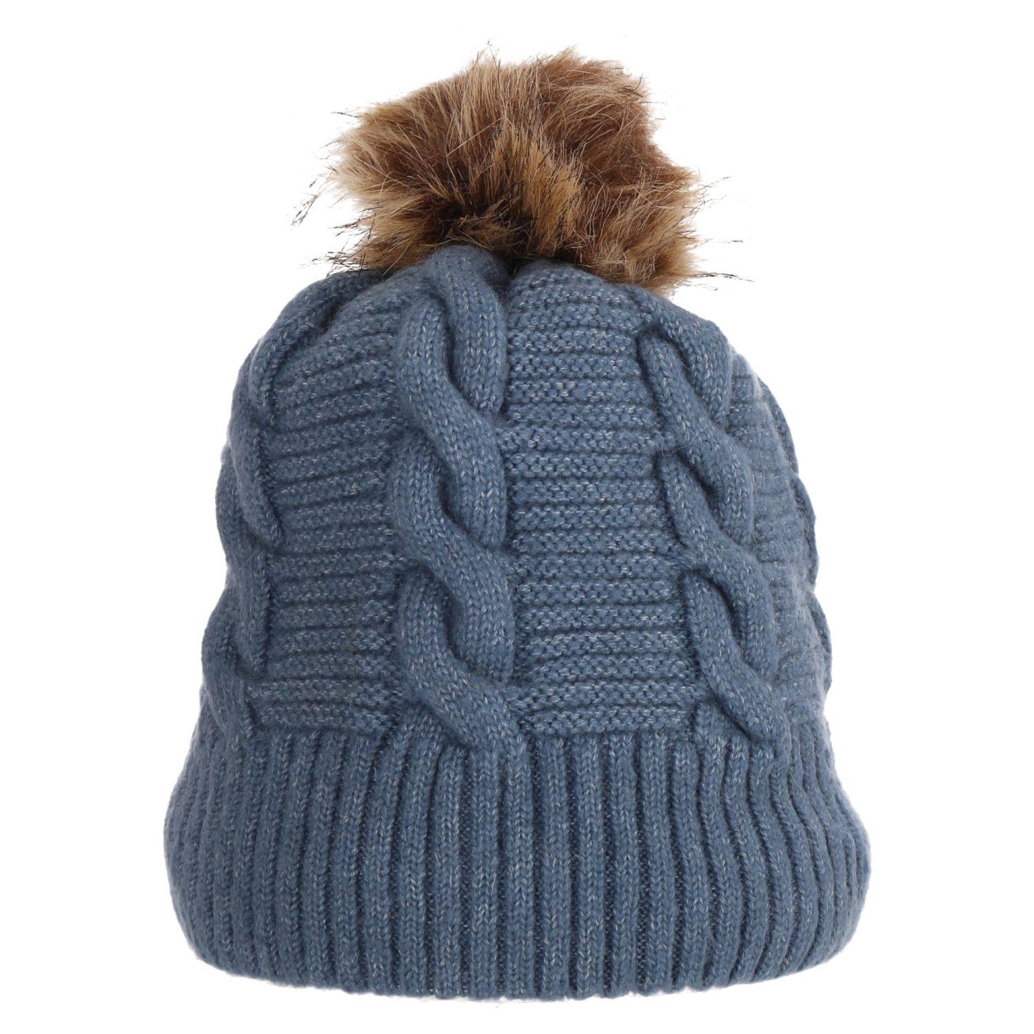 Wintermütze warm gefüttert mit Kunstfell Bommel-Mütze Fleece-Futter Winter Strick-Mütze Damen Herren One-Size Blau