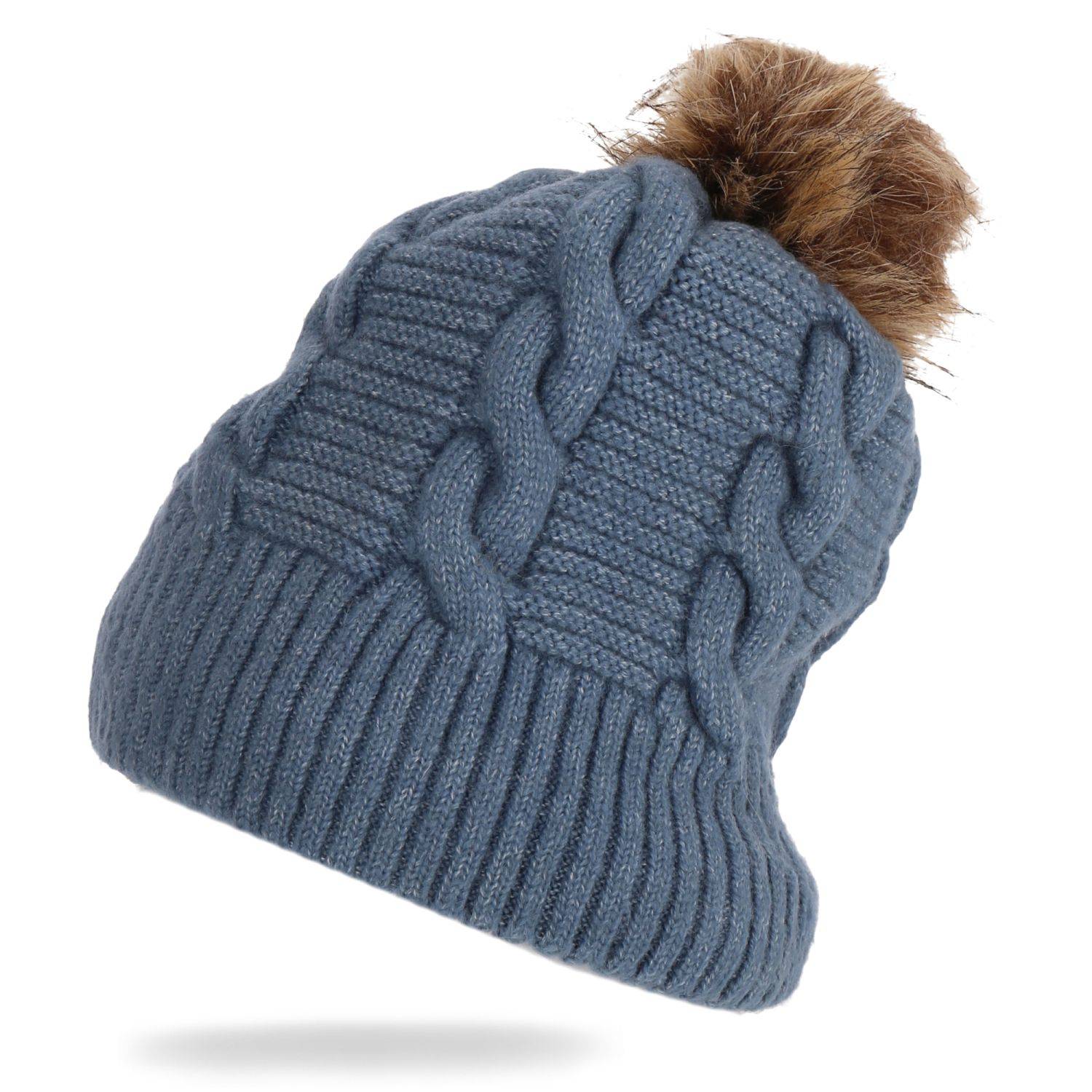 Wintermütze warm gefüttert mit Kunstfell Bommel-Mütze Fleece-Futter Winter Strick-Mütze Damen Herren One-Size Blau