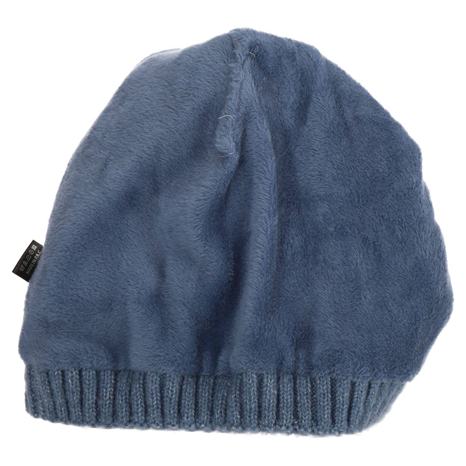 Wintermütze warm gefüttert mit Kunstfell Bommel-Mütze Fleece-Futter Winter Strick-Mütze Damen Herren One-Size Blau