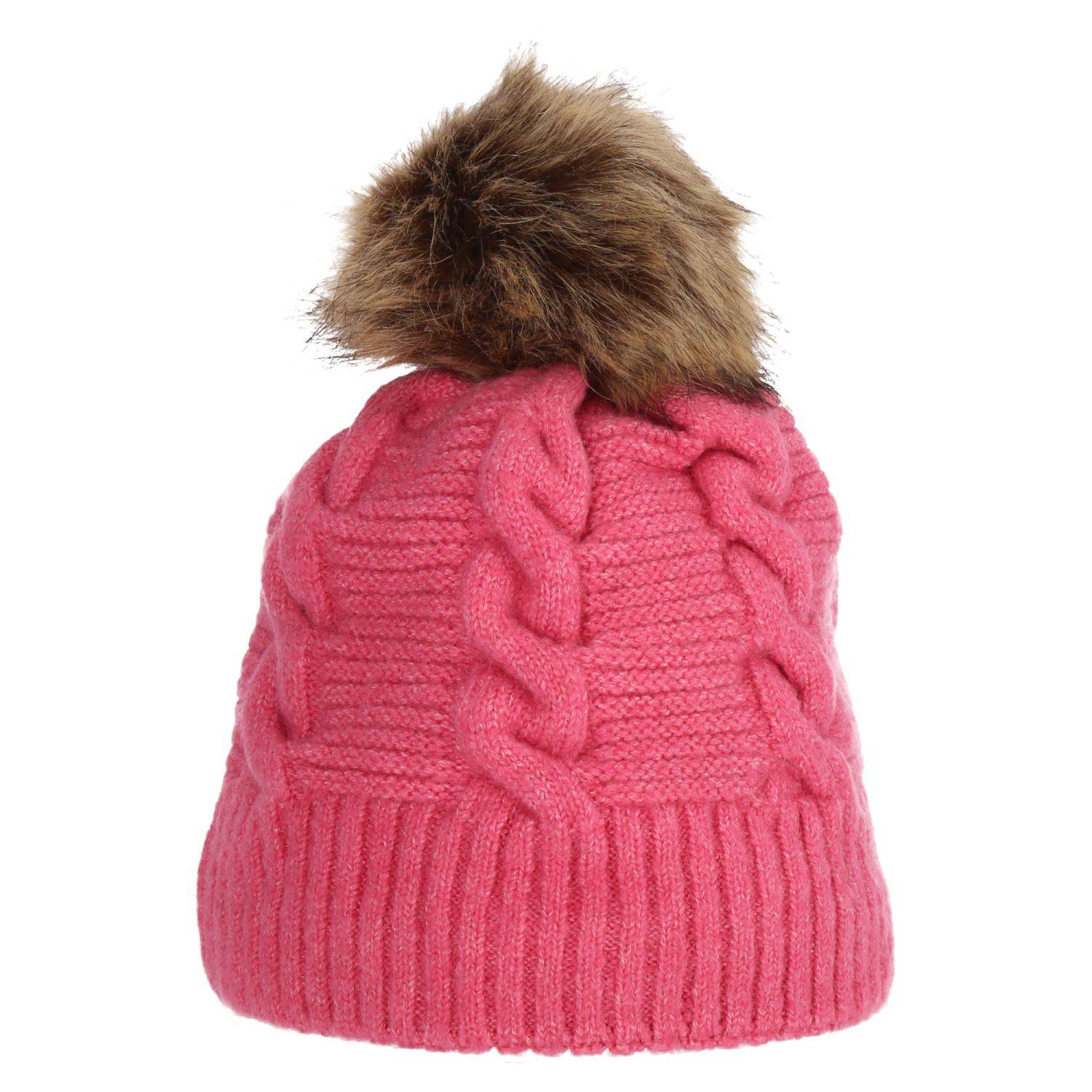 Wintermütze warm gefüttert mit Kunstfell Bommel-Mütze Fleece-Futter Winter Strick-Mütze Damen Herren One-Size Pink
