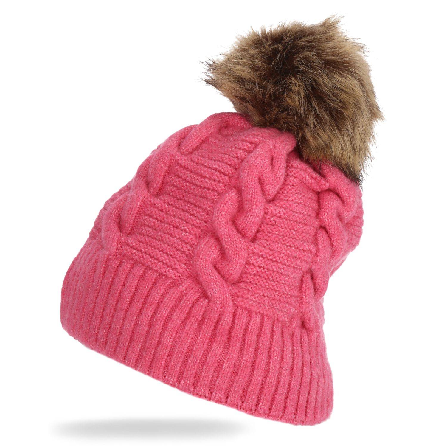 Wintermütze warm gefüttert mit Kunstfell Bommel-Mütze Fleece-Futter Winter Strick-Mütze Damen Herren One-Size Pink