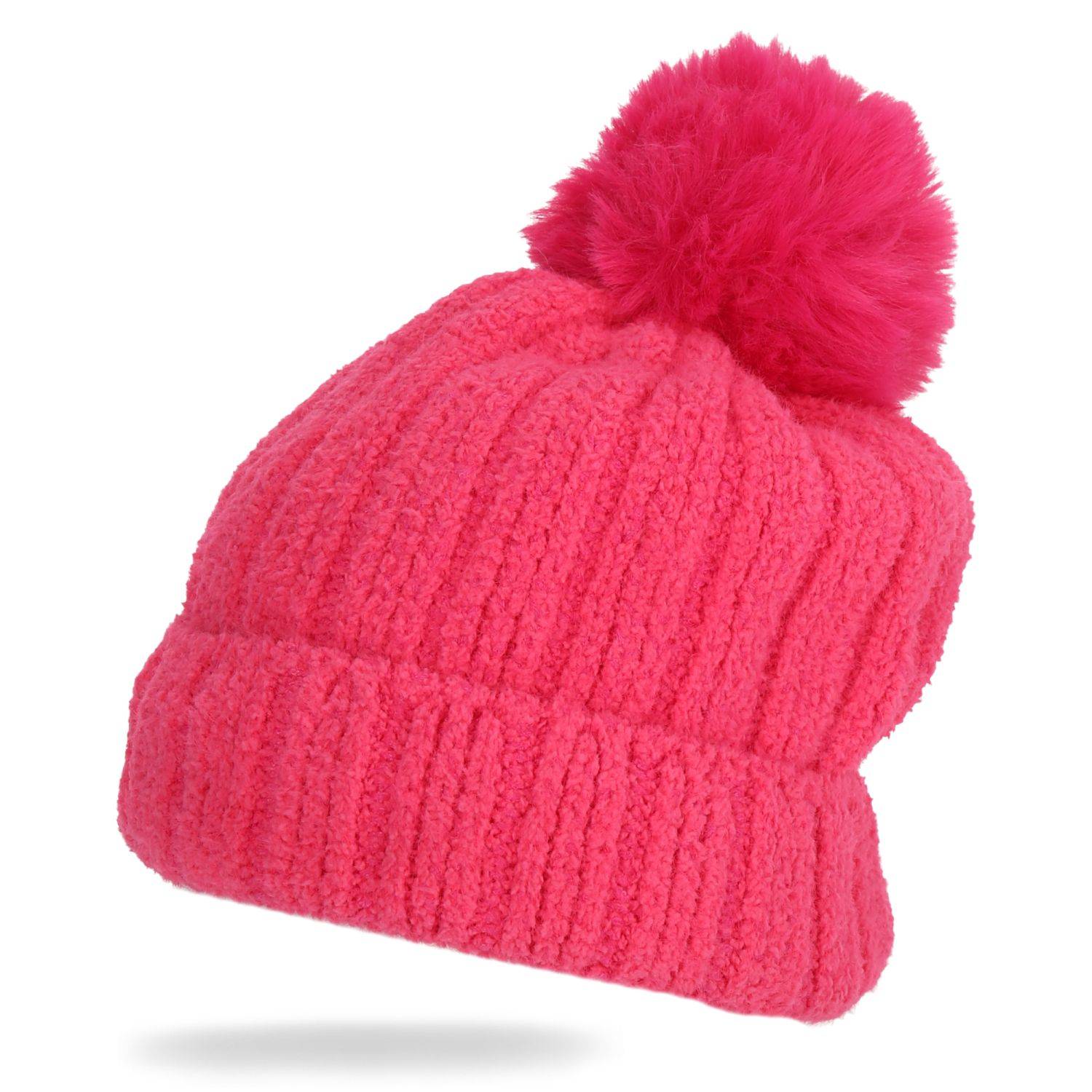 Wintermütze warm Winter Mütze Strick-Mütze Kunstfell Bommel-Mütze One-Size Herren Damen Unisex Pink