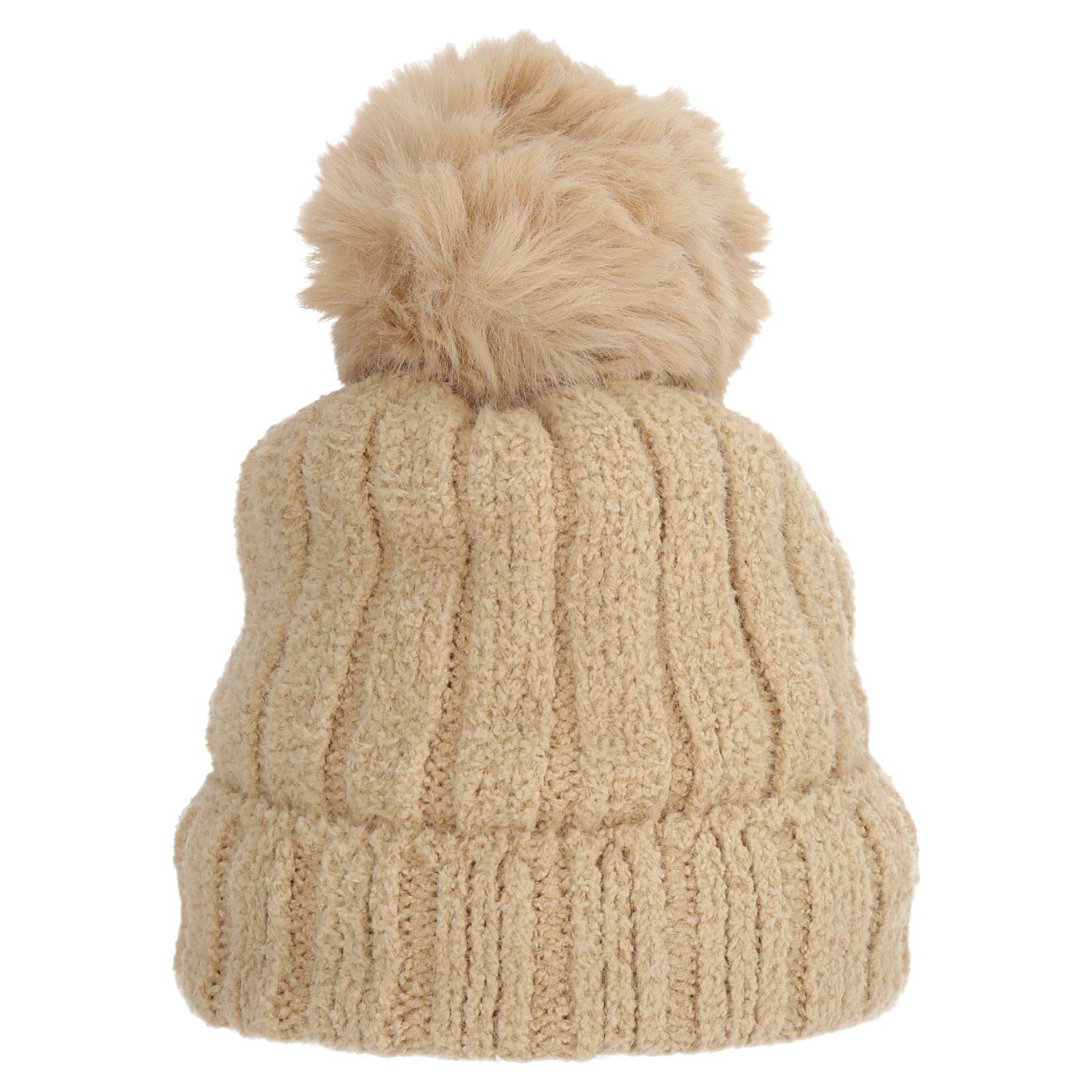 Wintermütze warm Winter Mütze Strick-Mütze Kunstfell Bommel-Mütze One-Size Herren Damen Unisex Beige