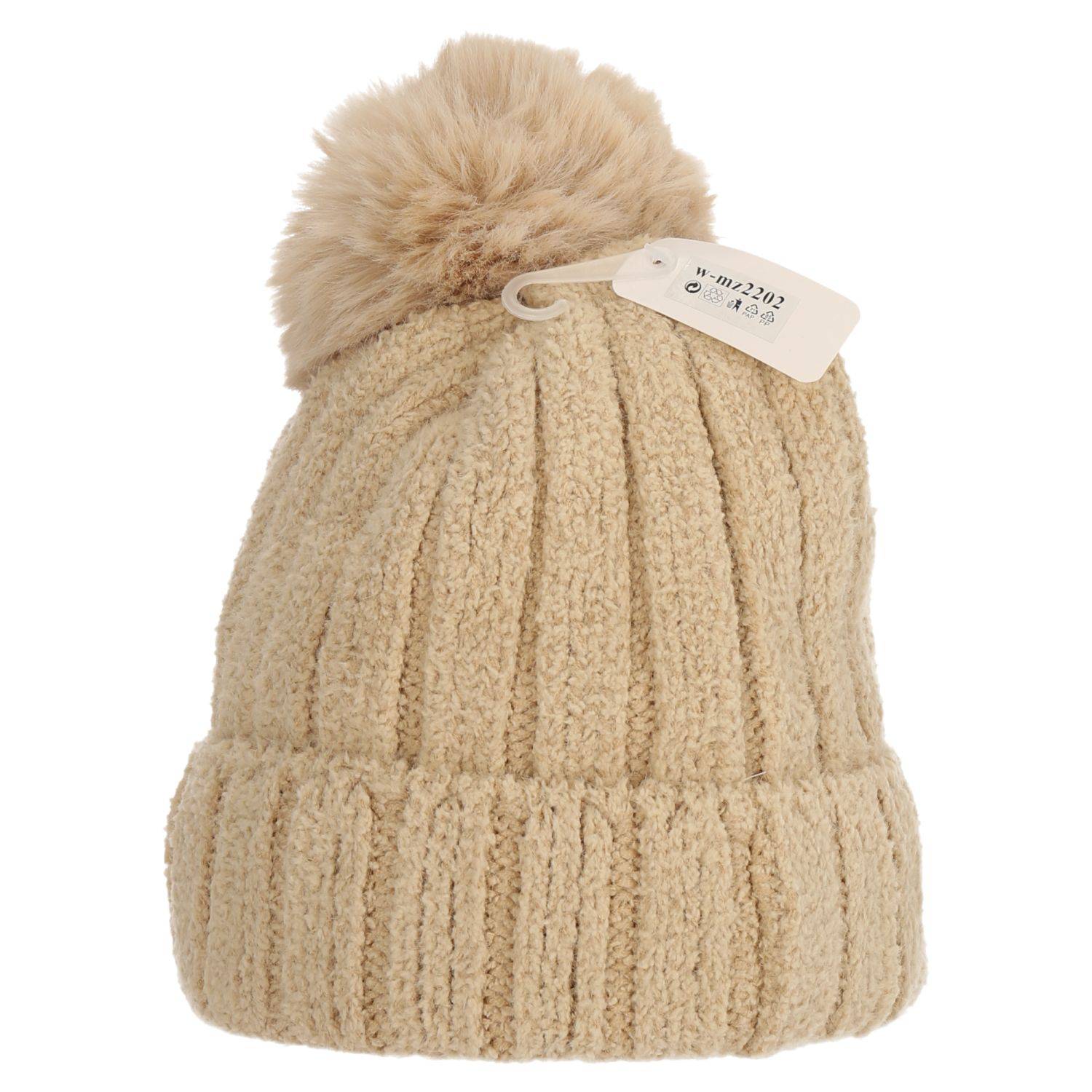 Wintermütze warm Winter Mütze Strick-Mütze Kunstfell Bommel-Mütze One-Size Herren Damen Unisex Beige