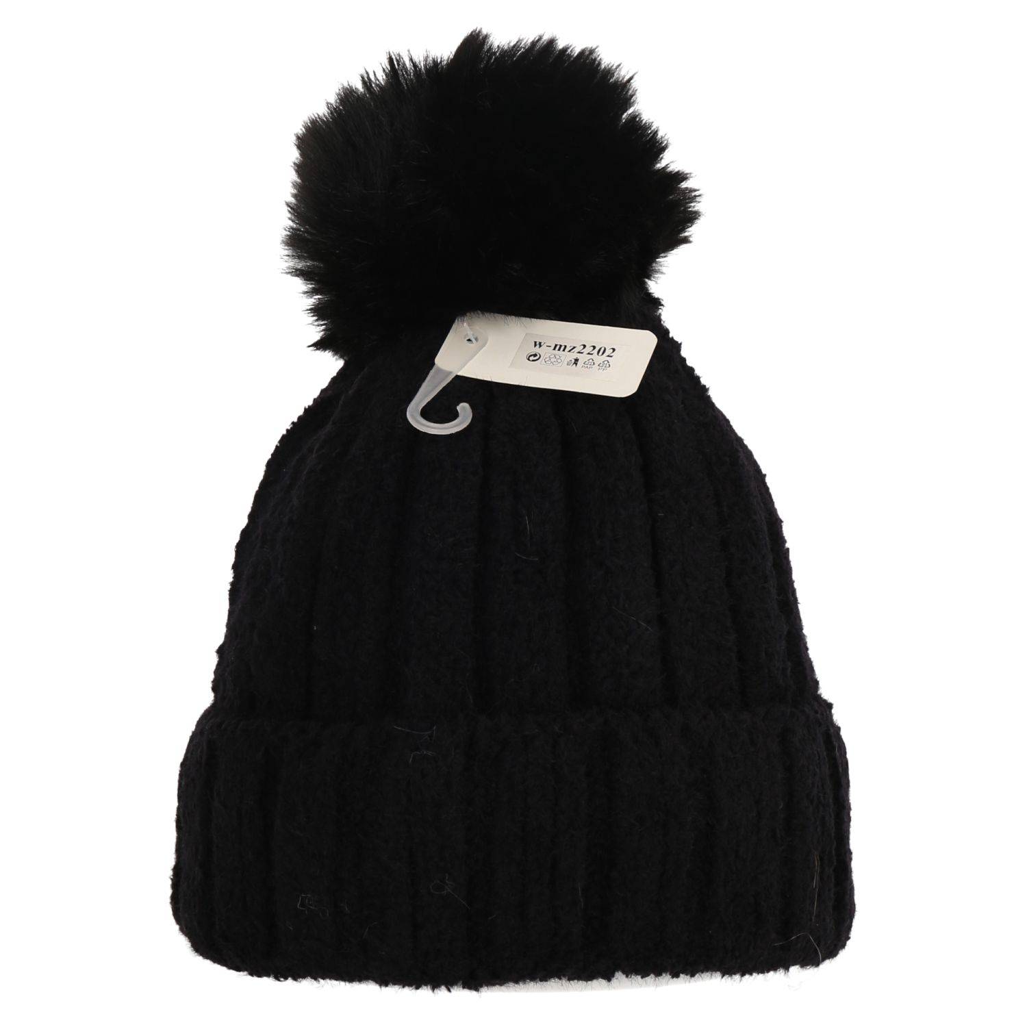 Wintermütze warm Winter Mütze Strick-Mütze Kunstfell Bommel-Mütze One-Size Herren Damen Unisex Schwarz
