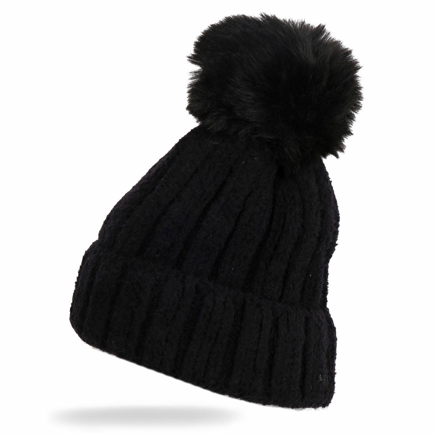 Wintermütze warm Winter Mütze Strick-Mütze Kunstfell Bommel-Mütze One-Size Herren Damen Unisex Schwarz