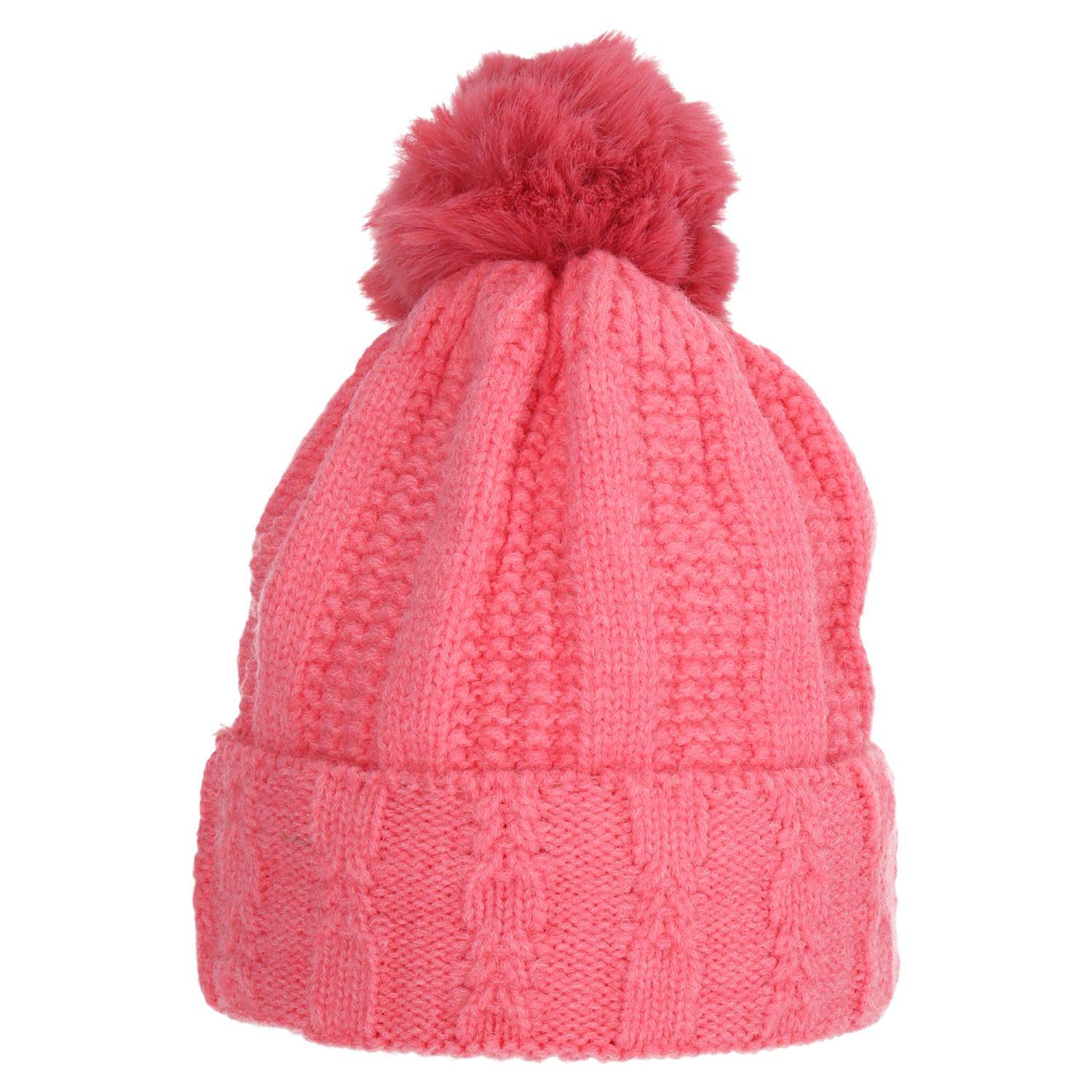 Wintermütze warm gefüttert mit Kunstfell Bommel-Mütze Fleece-Futter Strick-Mütze Beanie Damen Herren One-Size Pink