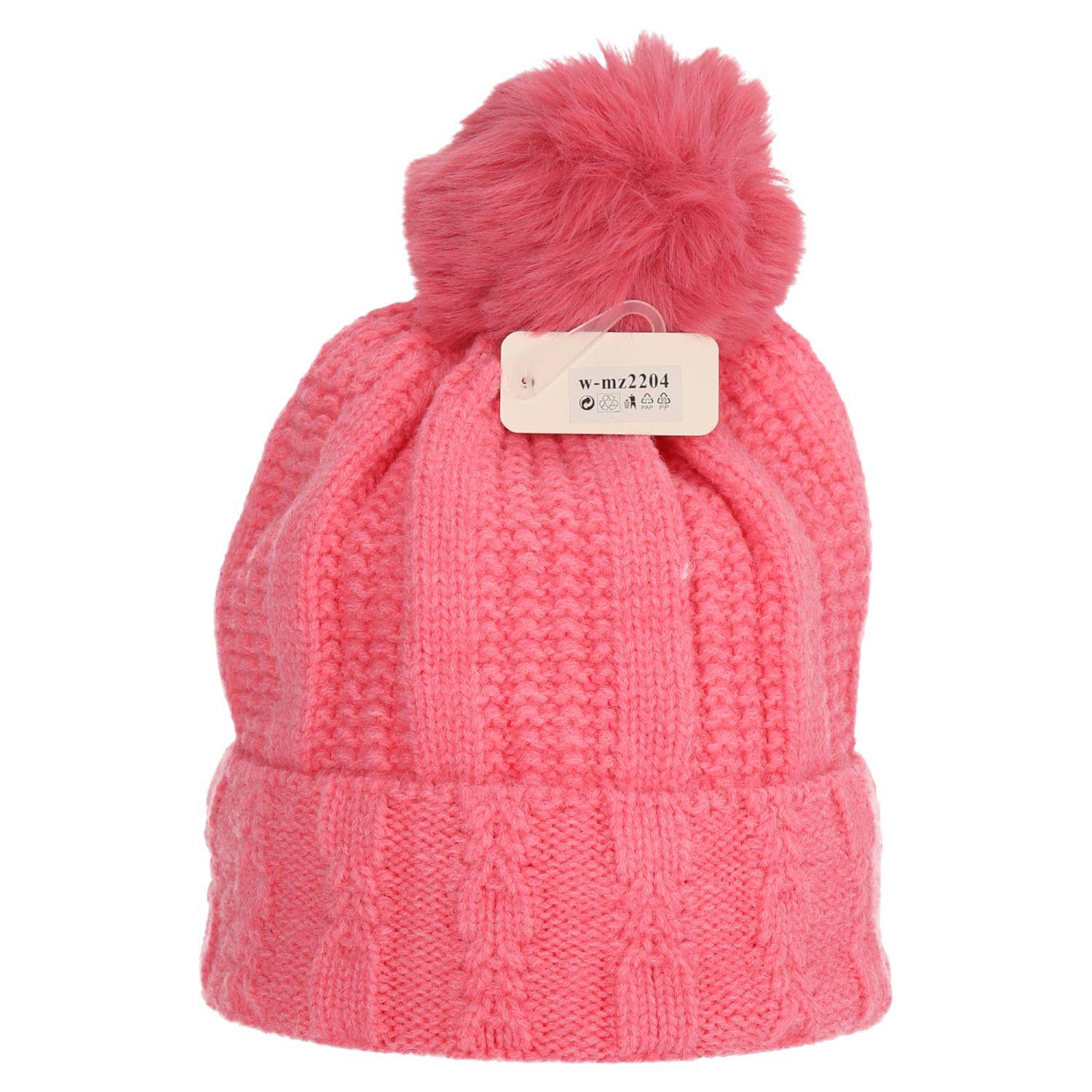 Wintermütze warm gefüttert mit Kunstfell Bommel-Mütze Fleece-Futter Strick-Mütze Beanie Damen Herren One-Size Pink