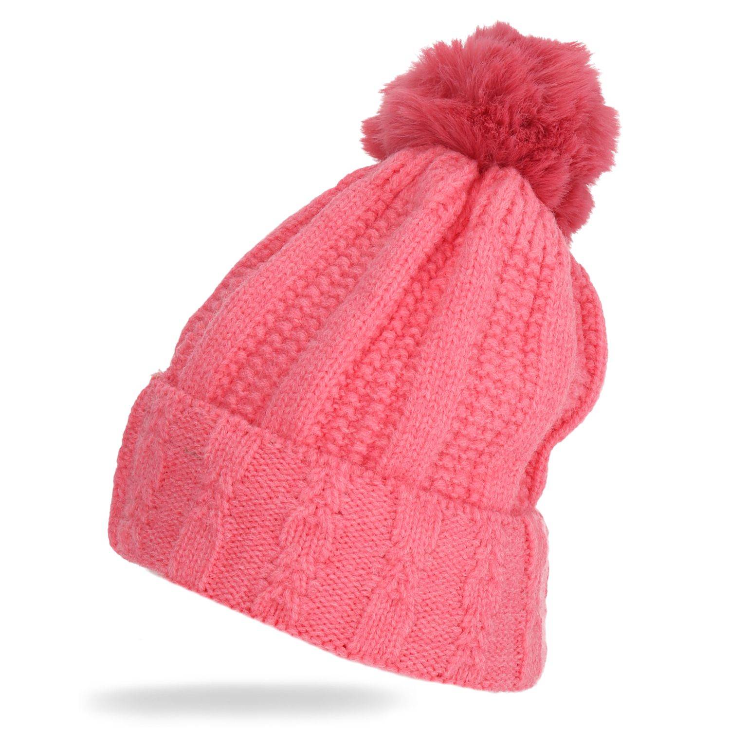 Wintermütze warm gefüttert mit Kunstfell Bommel-Mütze Fleece-Futter Strick-Mütze Beanie Damen Herren One-Size Pink