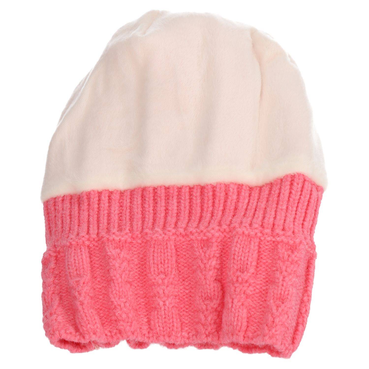 Wintermütze warm gefüttert mit Kunstfell Bommel-Mütze Fleece-Futter Strick-Mütze Beanie Damen Herren One-Size Pink