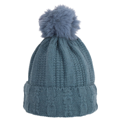 Wintermütze warm gefüttert mit Kunstfell Bommel-Mütze Fleece-Futter Strick-Mütze Beanie Damen Herren One-Size Blau