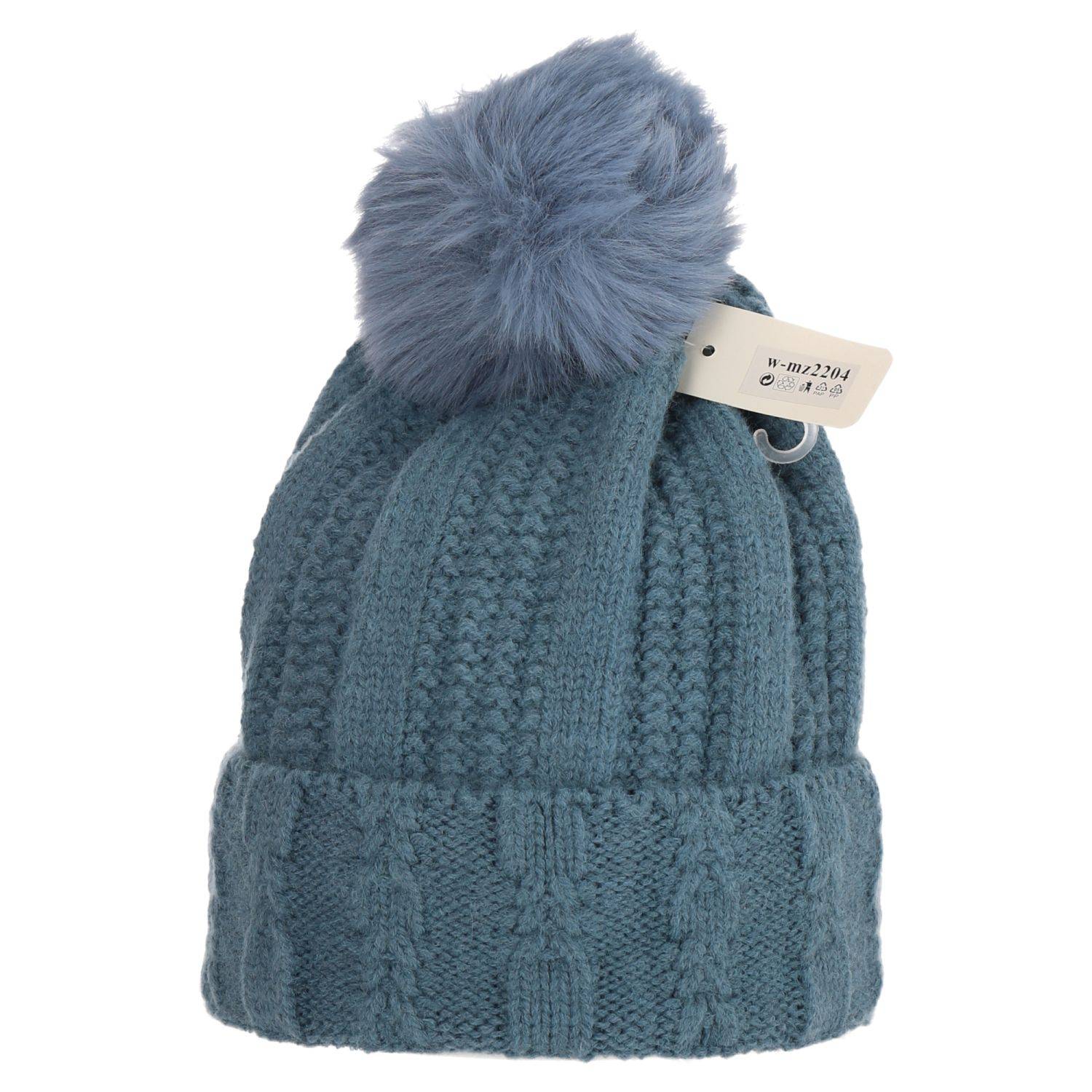 Wintermütze warm gefüttert mit Kunstfell Bommel-Mütze Fleece-Futter Strick-Mütze Beanie Damen Herren One-Size Blau