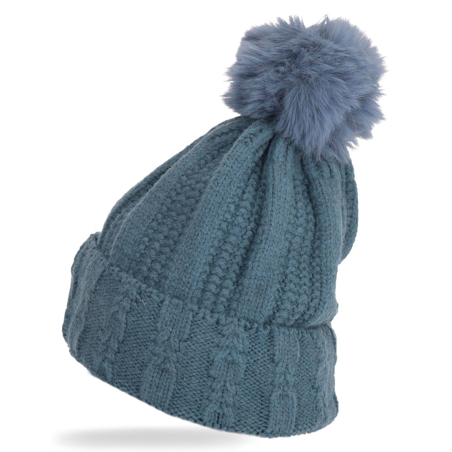 Wintermütze warm gefüttert mit Kunstfell Bommel-Mütze Fleece-Futter Strick-Mütze Beanie Damen Herren One-Size Blau