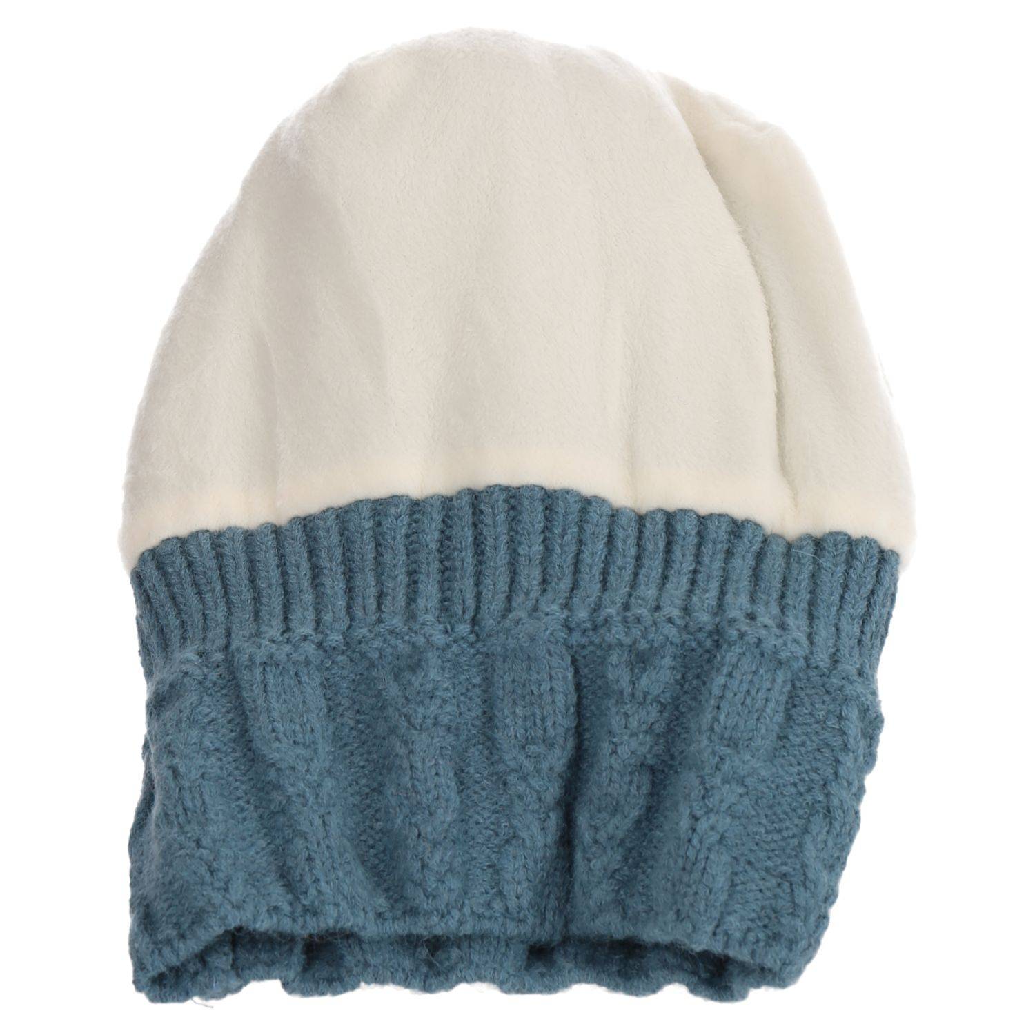 Wintermütze warm gefüttert mit Kunstfell Bommel-Mütze Fleece-Futter Strick-Mütze Beanie Damen Herren One-Size Blau