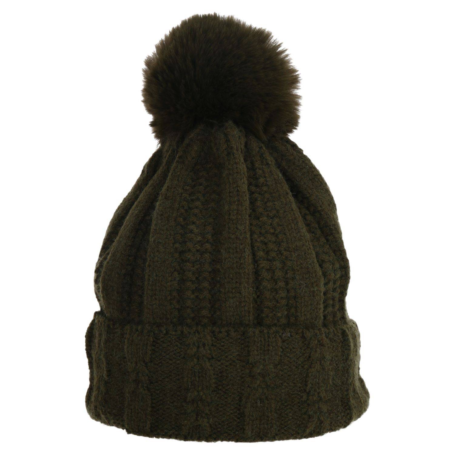Wintermütze warm gefüttert mit Kunstfell Bommel-Mütze Fleece-Futter Strick-Mütze Beanie Damen Herren One-Size Grün