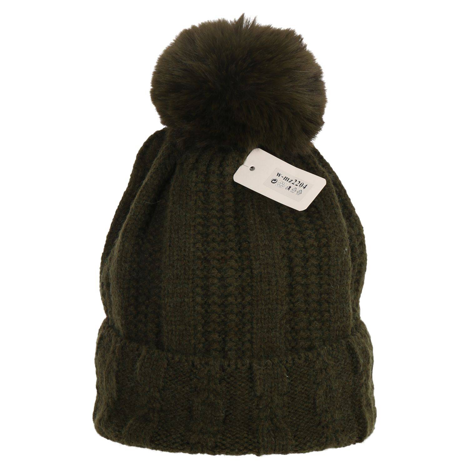 Wintermütze warm gefüttert mit Kunstfell Bommel-Mütze Fleece-Futter Strick-Mütze Beanie Damen Herren One-Size Grün