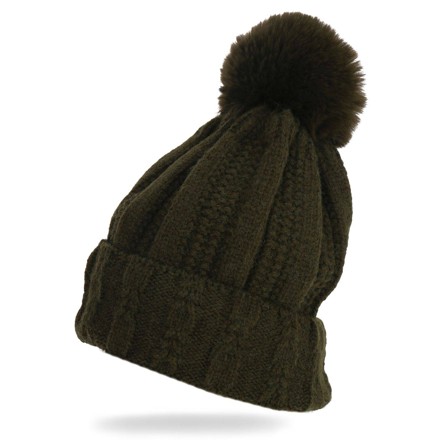 Wintermütze warm gefüttert mit Kunstfell Bommel-Mütze Fleece-Futter Strick-Mütze Beanie Damen Herren One-Size Grün