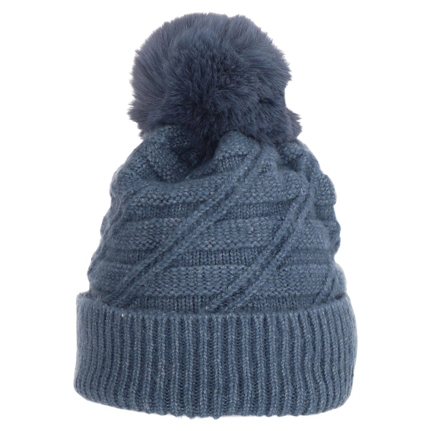 Wintermütze warm gefüttert mit Kunstfell Bommel-Mütze Fleece-Futter Strick-Mütze Beanie Damen Herren One-Size Blau