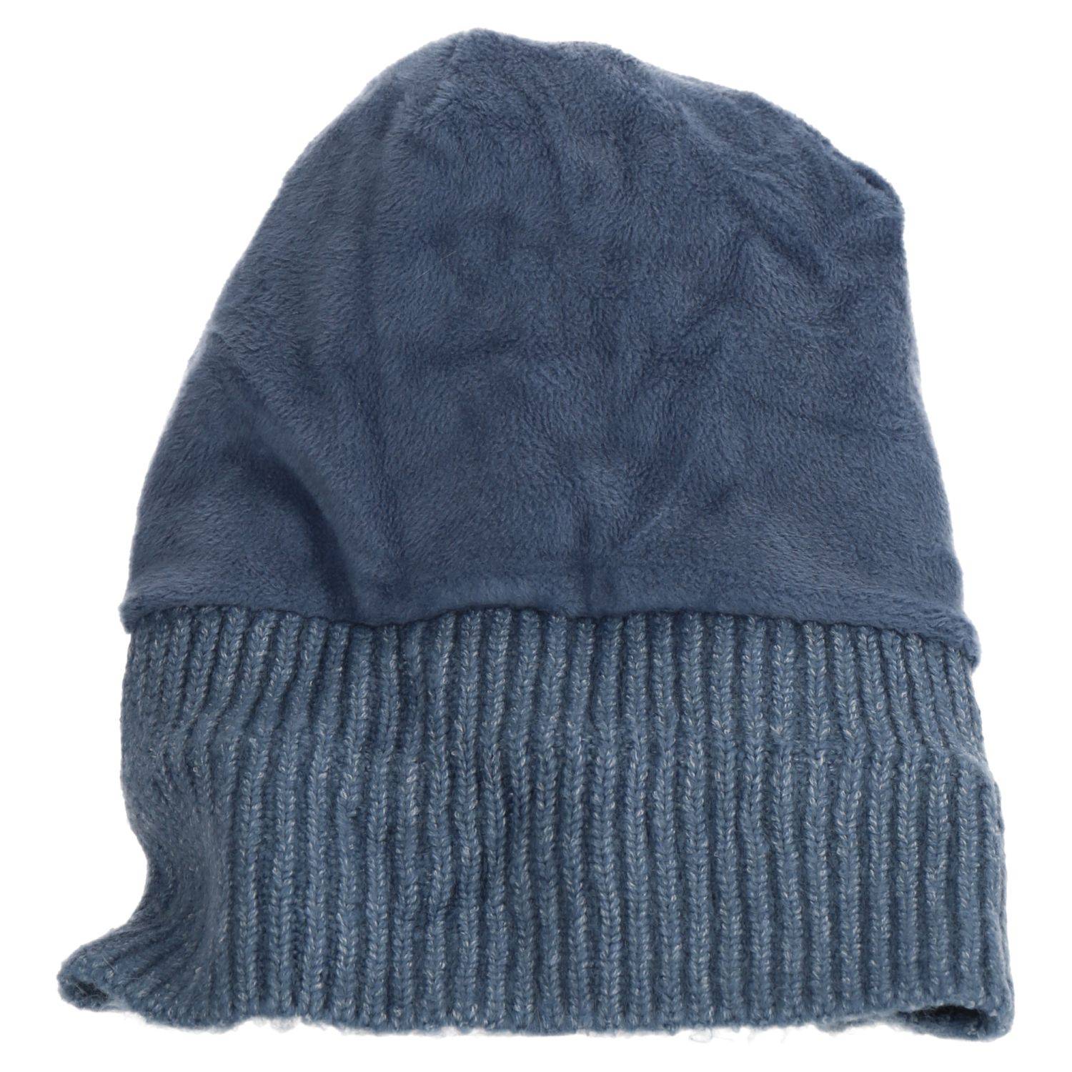 Wintermütze warm gefüttert mit Kunstfell Bommel-Mütze Fleece-Futter Strick-Mütze Beanie Damen Herren One-Size Blau