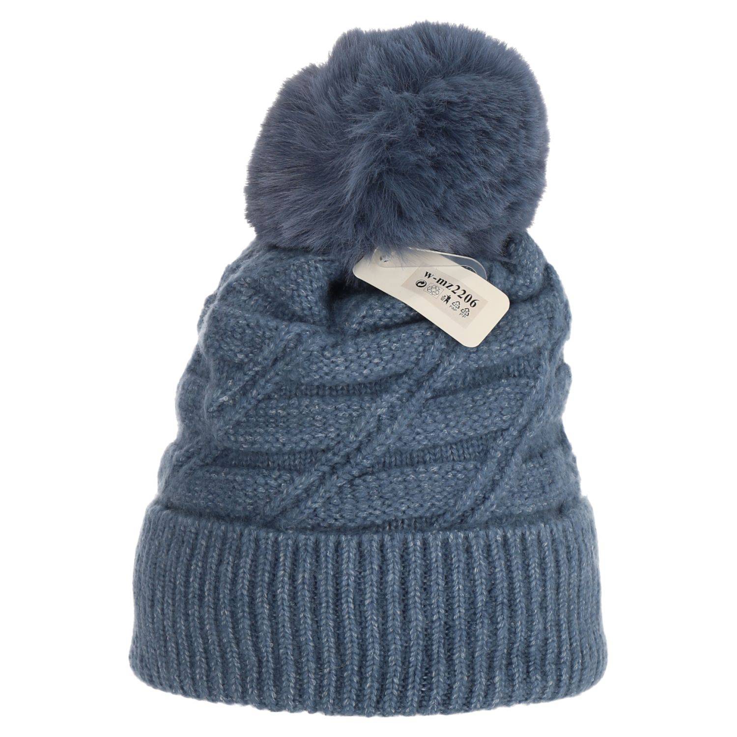 Wintermütze warm gefüttert mit Kunstfell Bommel-Mütze Fleece-Futter Strick-Mütze Beanie Damen Herren One-Size Blau