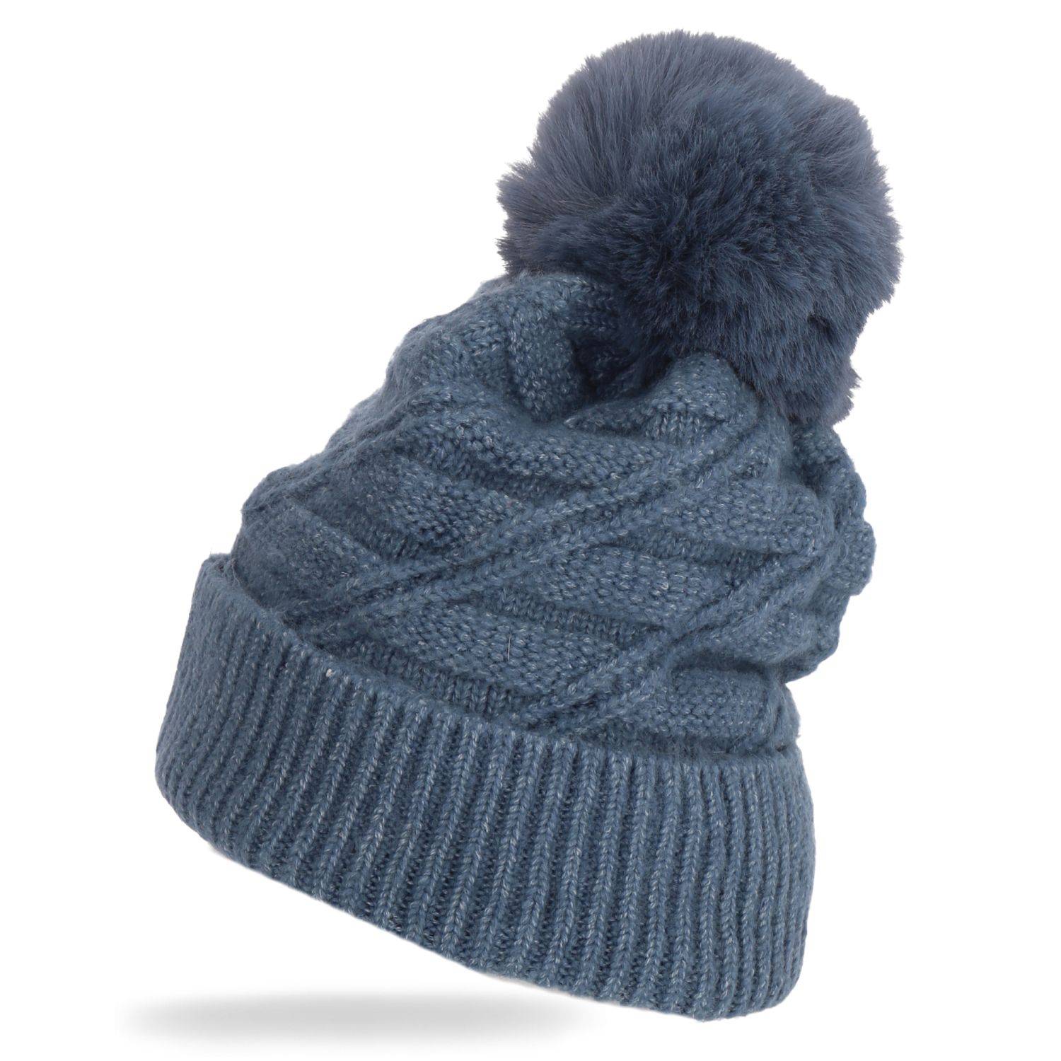 Wintermütze warm gefüttert mit Kunstfell Bommel-Mütze Fleece-Futter Strick-Mütze Beanie Damen Herren One-Size Blau