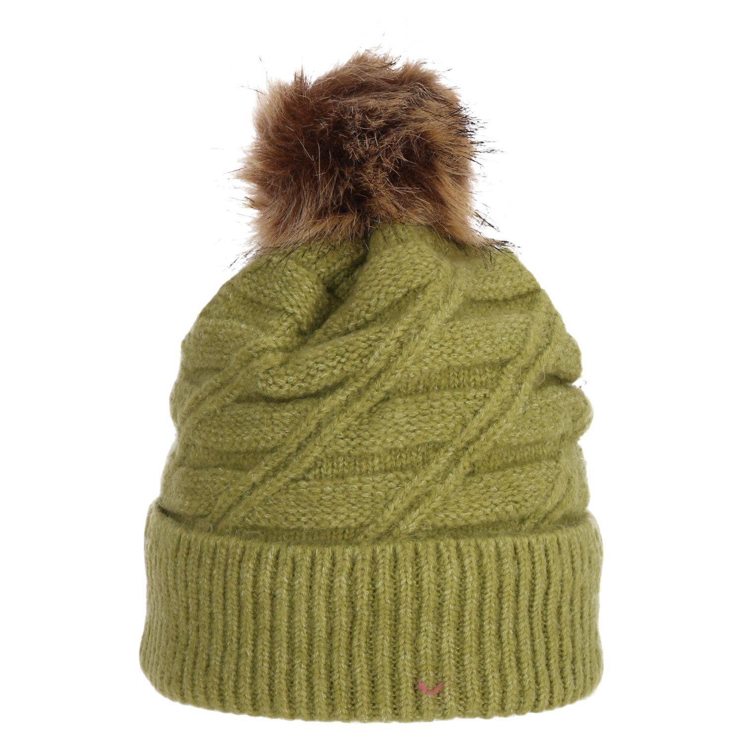 Wintermütze warm gefüttert mit Kunstfell Bommel-Mütze Fleece-Futter Strick-Mütze Beanie Damen Herren One-Size Grün