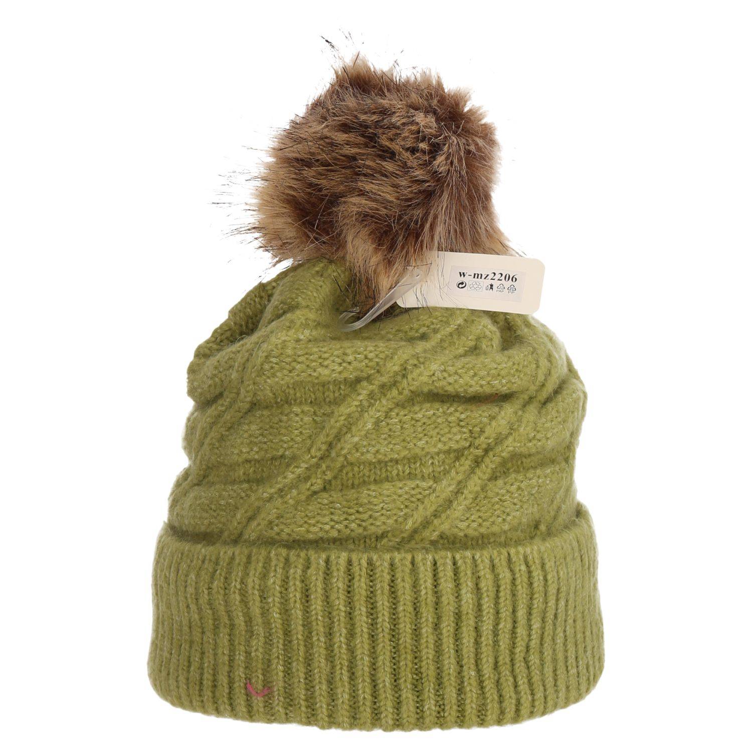Wintermütze warm gefüttert mit Kunstfell Bommel-Mütze Fleece-Futter Strick-Mütze Beanie Damen Herren One-Size Grün