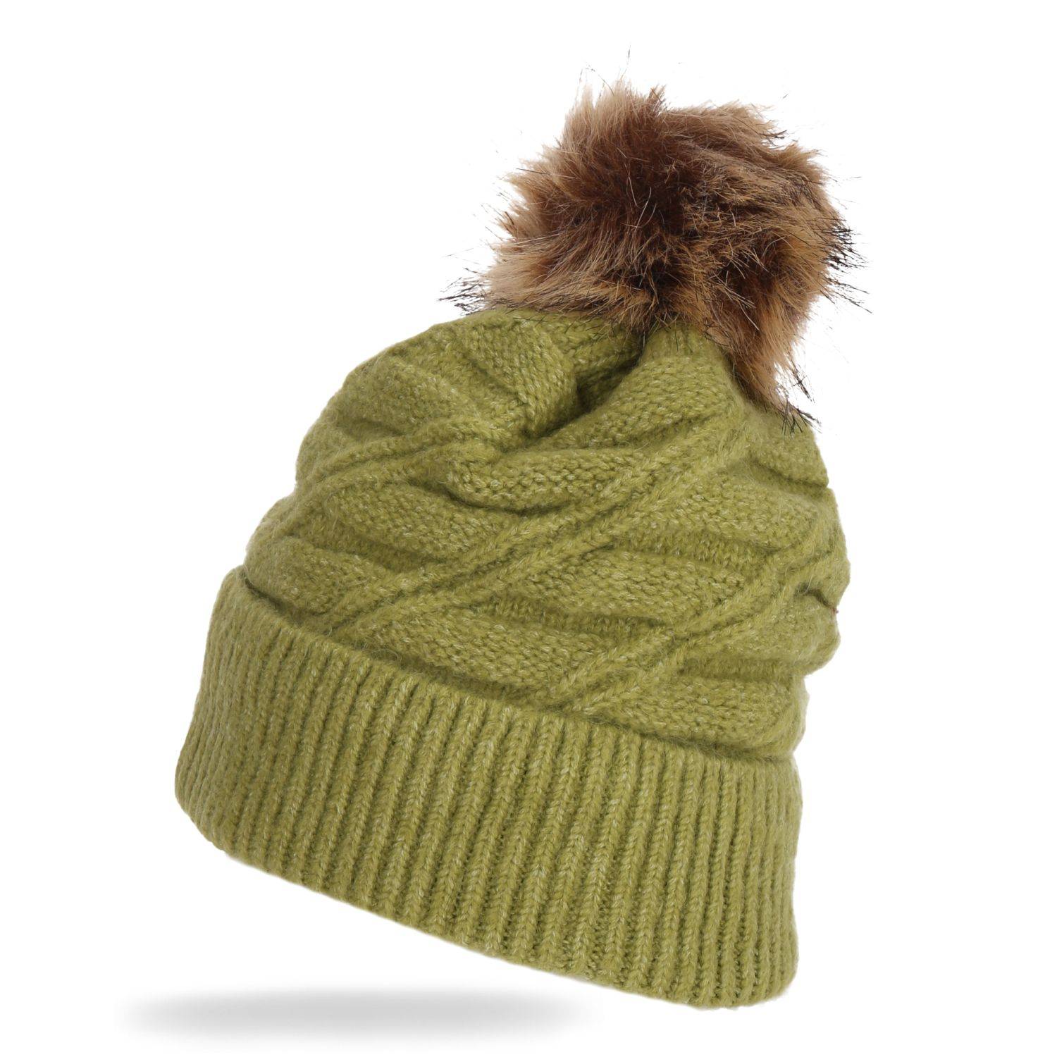 Wintermütze warm gefüttert mit Kunstfell Bommel-Mütze Fleece-Futter Strick-Mütze Beanie Damen Herren One-Size Grün