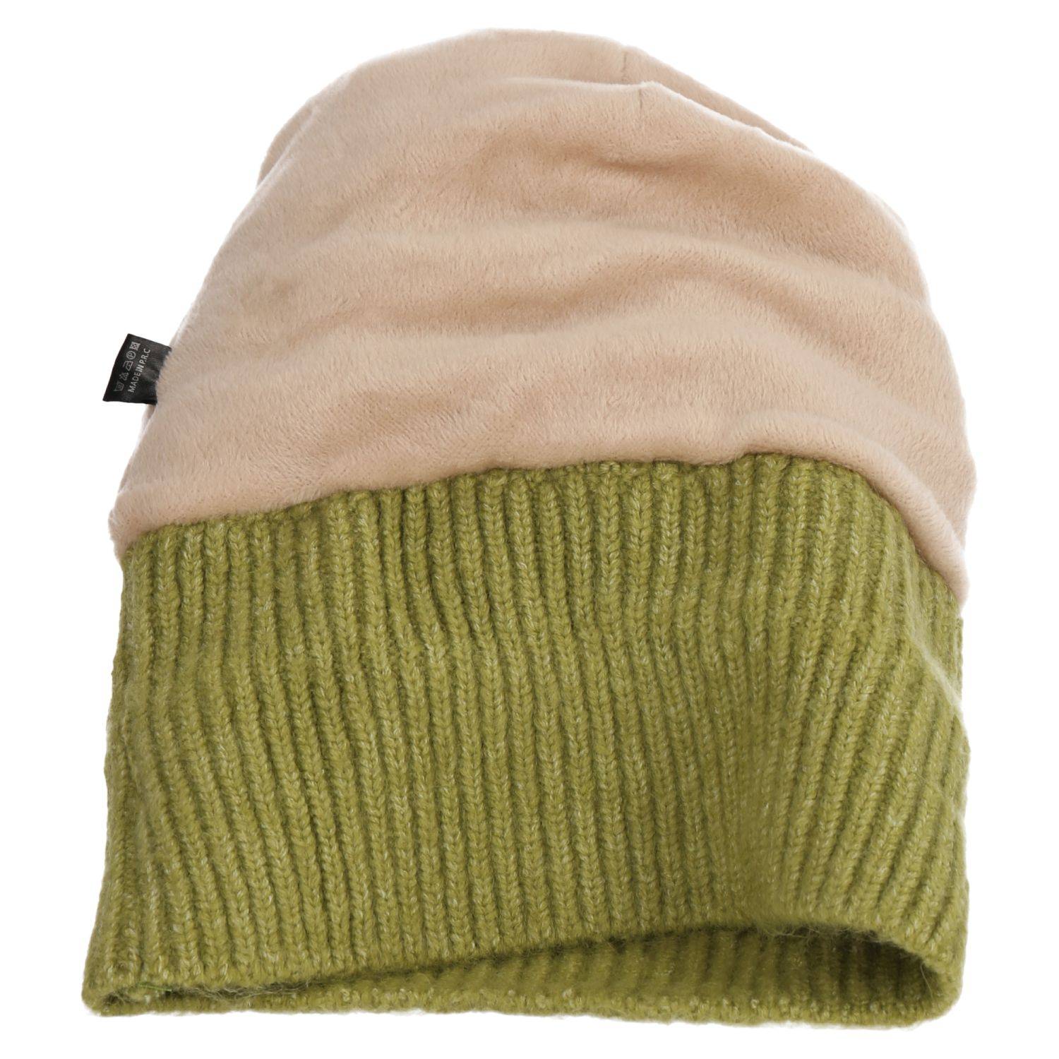 Wintermütze warm gefüttert mit Kunstfell Bommel-Mütze Fleece-Futter Strick-Mütze Beanie Damen Herren One-Size Grün