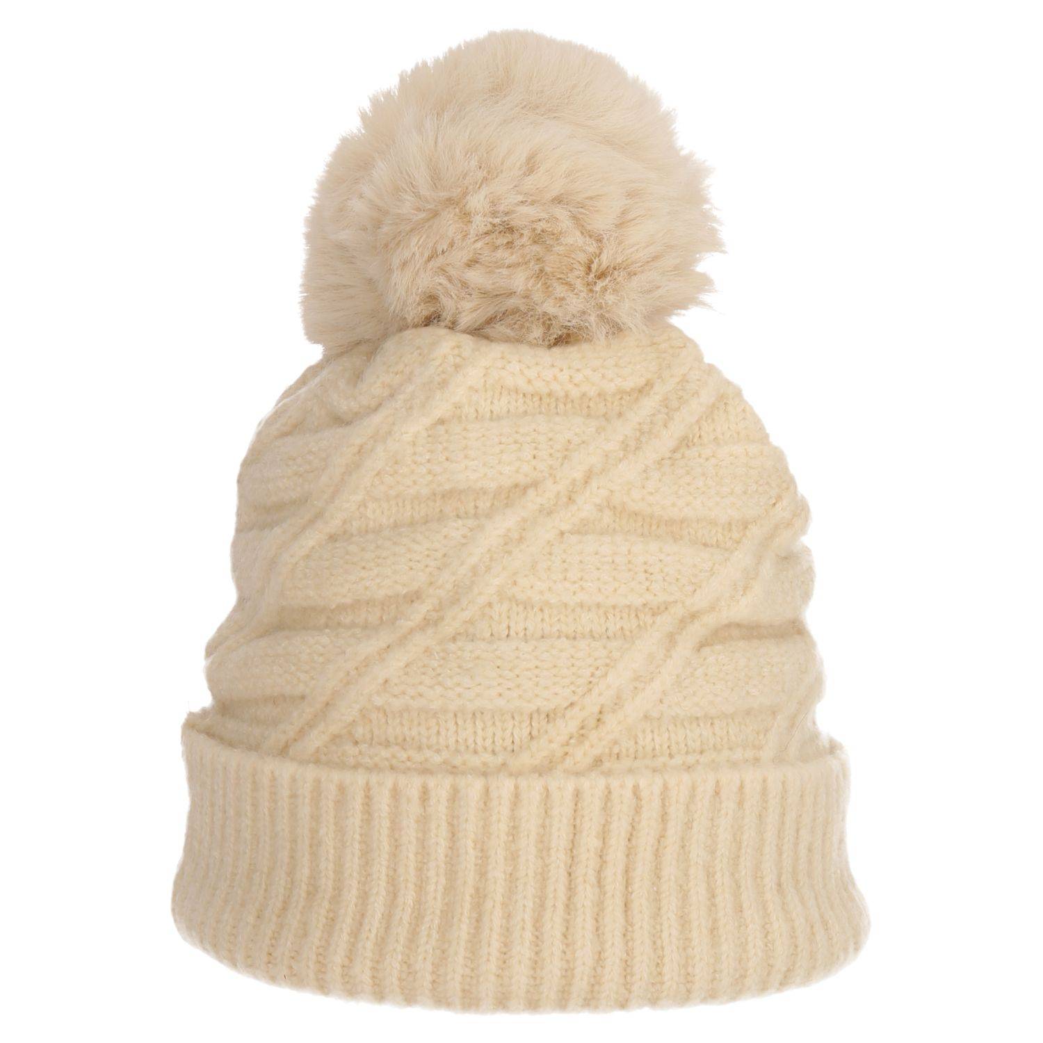 Wintermütze warm gefüttert mit Kunstfell Bommel-Mütze Fleece-Futter Strick-Mütze Beanie Damen Herren One-Size Beige