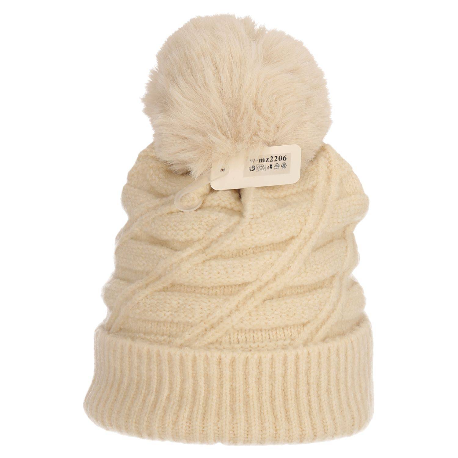 Wintermütze warm gefüttert mit Kunstfell Bommel-Mütze Fleece-Futter Strick-Mütze Beanie Damen Herren One-Size Beige