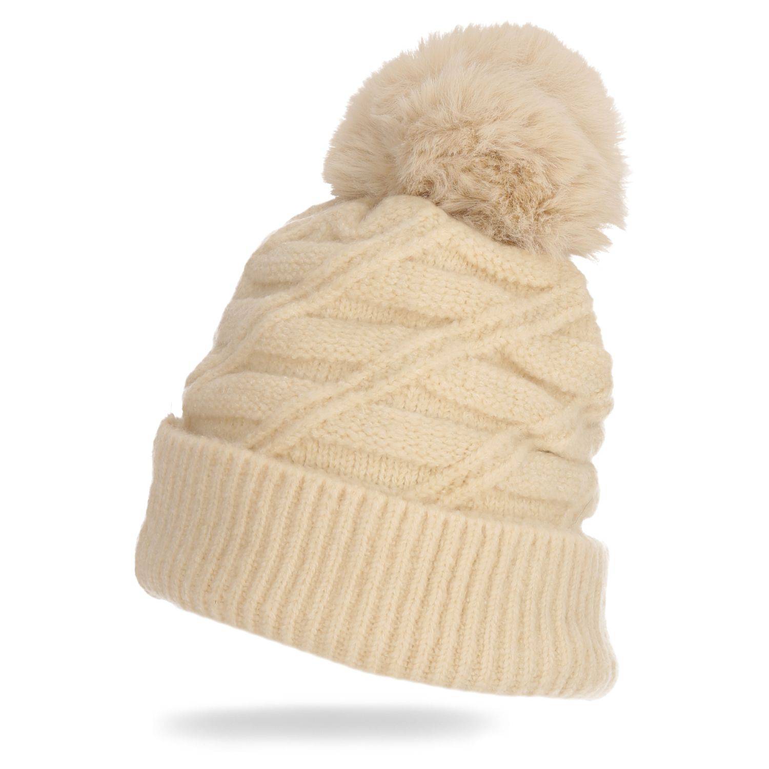 Wintermütze warm gefüttert mit Kunstfell Bommel-Mütze Fleece-Futter Strick-Mütze Beanie Damen Herren One-Size Beige