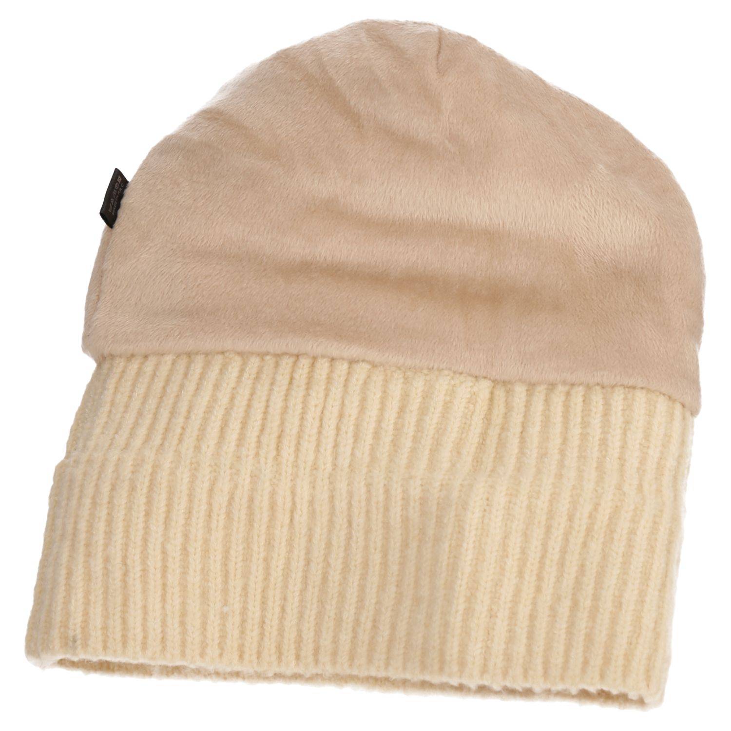 Wintermütze warm gefüttert mit Kunstfell Bommel-Mütze Fleece-Futter Strick-Mütze Beanie Damen Herren One-Size Beige
