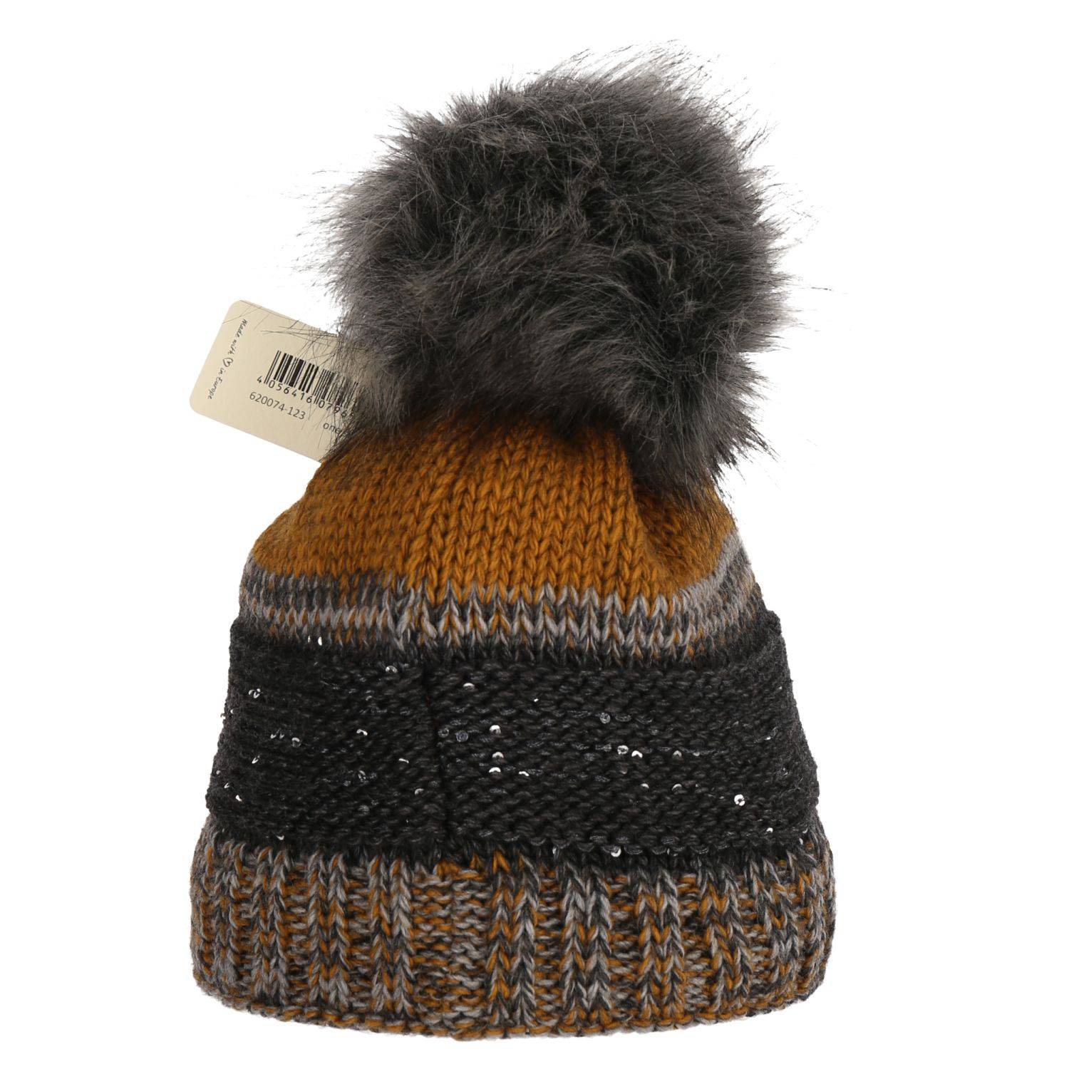 Faera Wintermütze gefüttert Kunstfell Bommel-Mütze Strickmuster Fleece-Futter Strick-Mütze Damen Herren One-Size Gelb