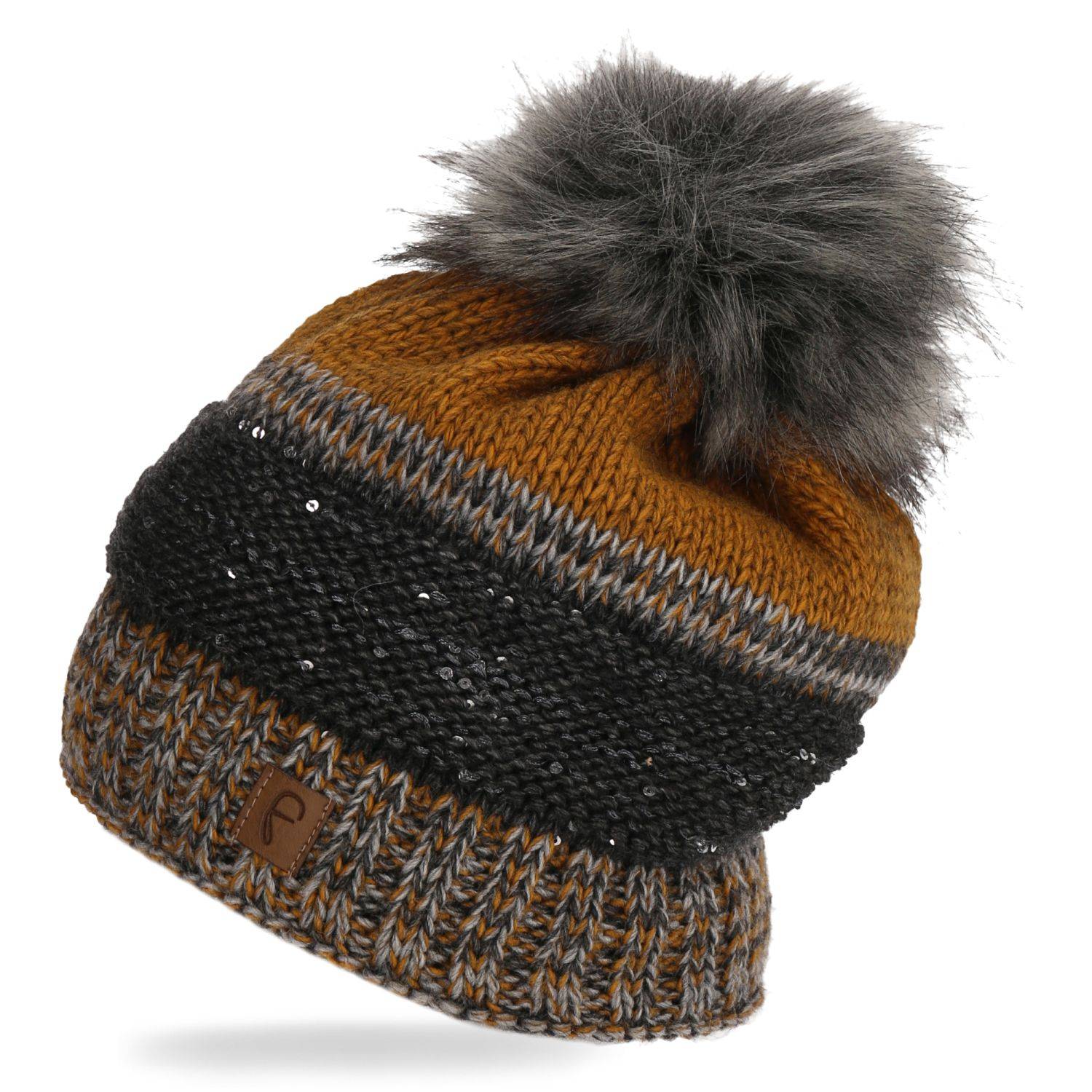 Faera Wintermütze gefüttert Kunstfell Bommel-Mütze Strickmuster Fleece-Futter Strick-Mütze Damen Herren One-Size Gelb