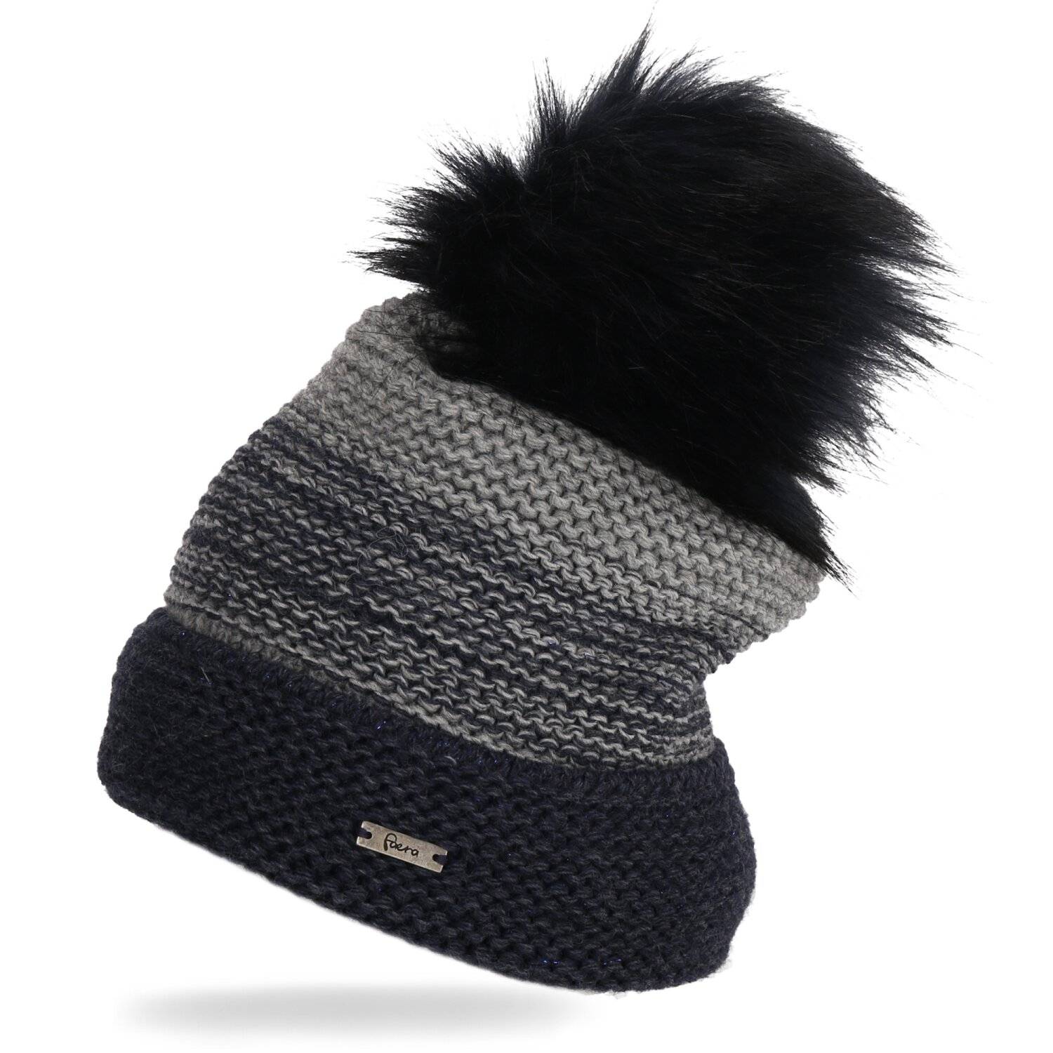 Faera Wintermütze gefüttert mit Fleece-Futter Kunstfell Bommel-Mütze Strick-Mütze Damen Herren One-Size 12 Blau