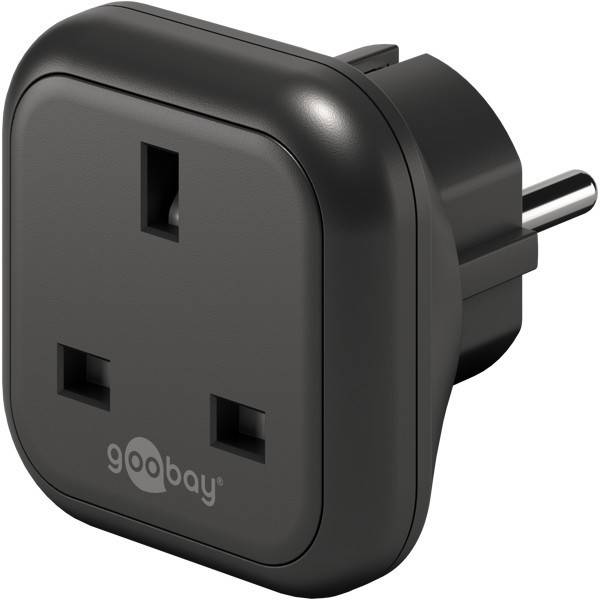 Schwarzer Steckdosenadapter mit dreiteiliger Vorderseite und zwei runden Stiften, Marke 'goobay'.
