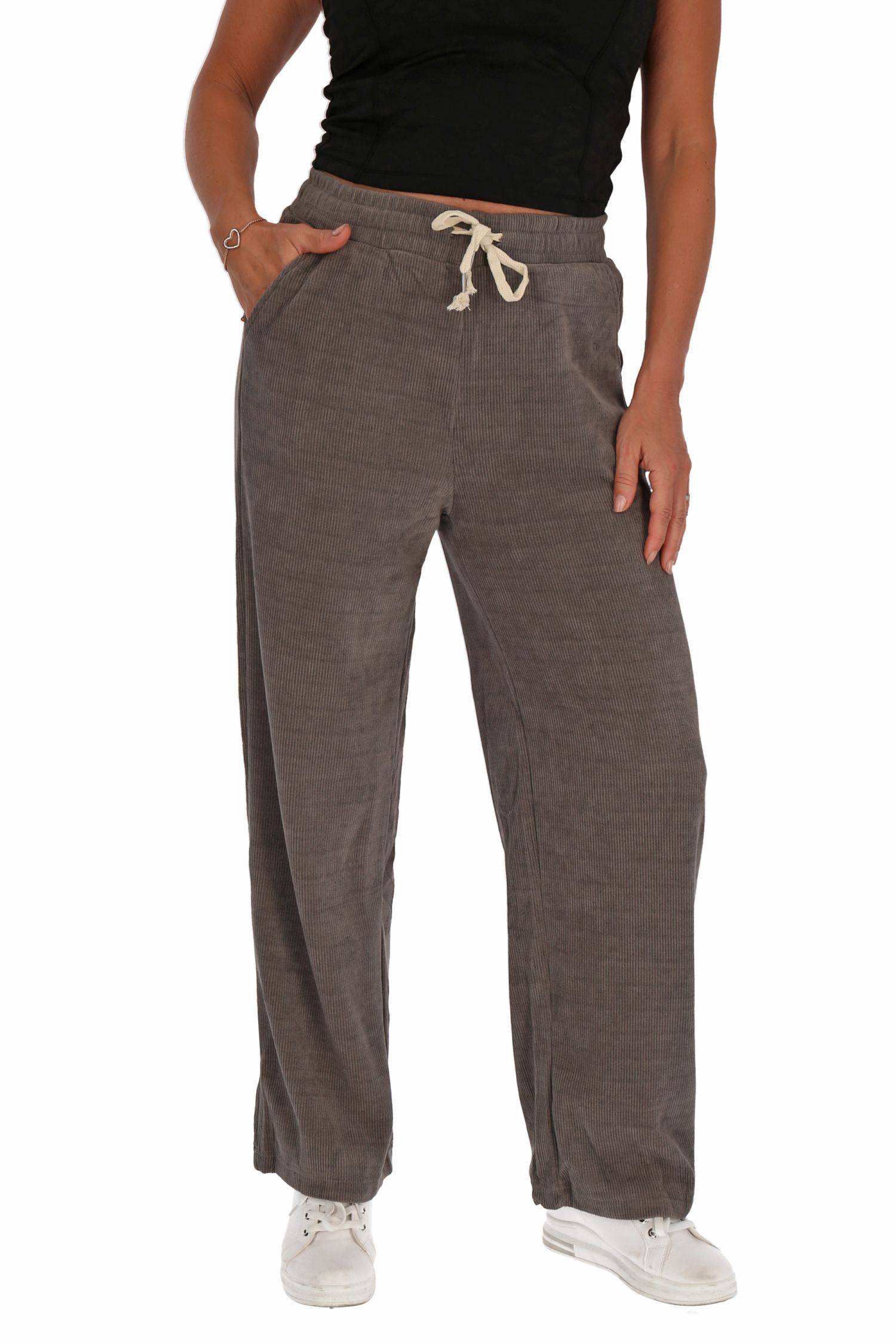 Damen Freizeithose Pantalons Weitem Bein Hose Stoffhose Jogger Baumwolle Grau M/L