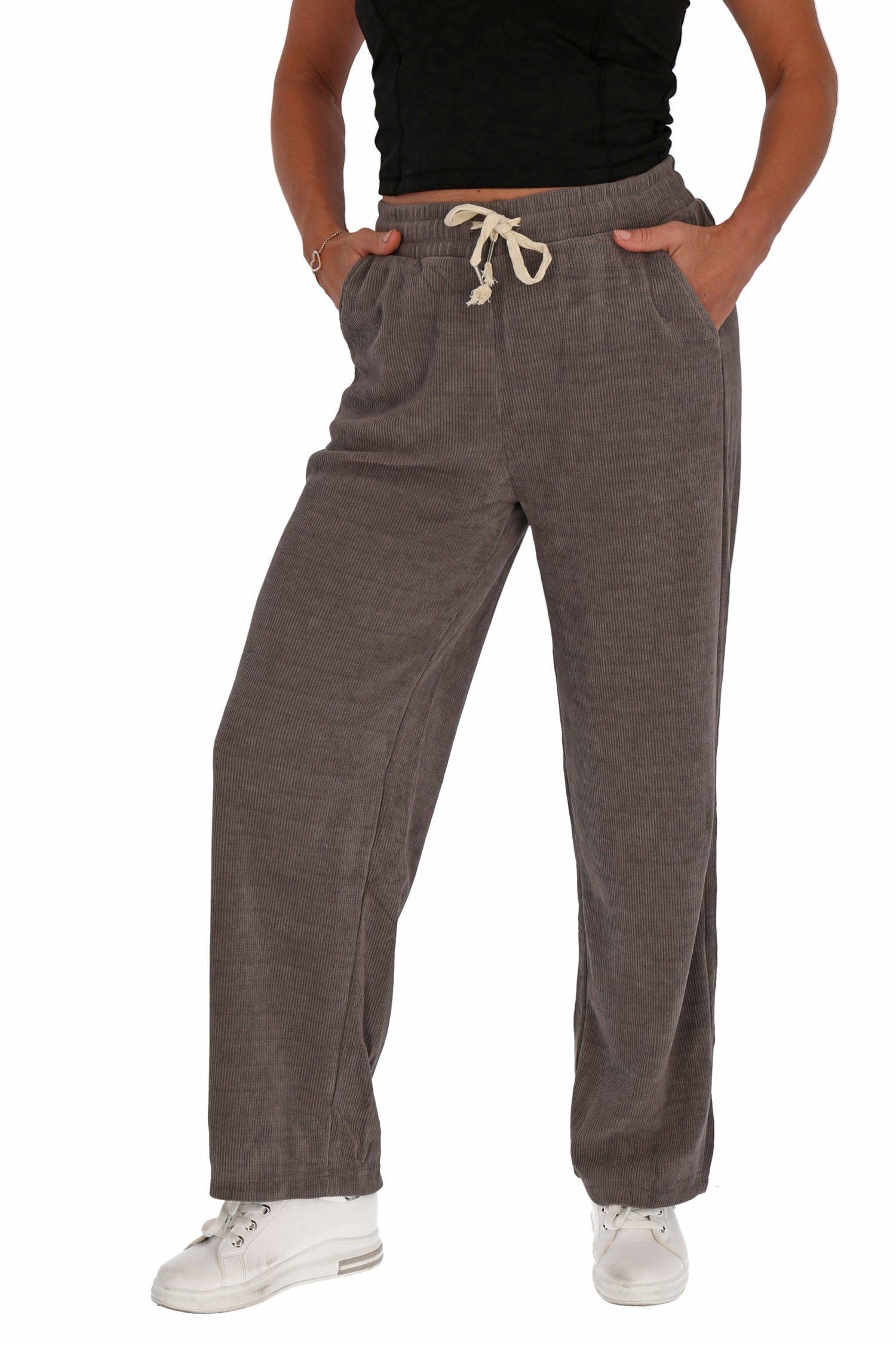Damen Freizeithose Pantalons Weitem Bein Hose Stoffhose Jogger Baumwolle Grau M/L