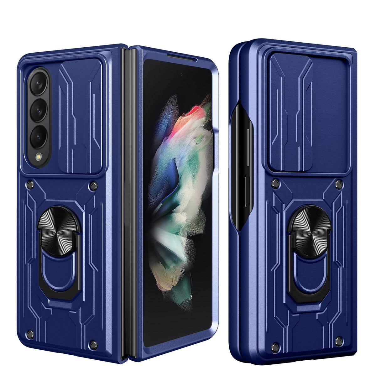 Für Samsung Galaxy Z Fold4 5G Magnet Ring Vollschutz Kunststoff Hart Cover Handy Tasche Hülle Etuis Blau
