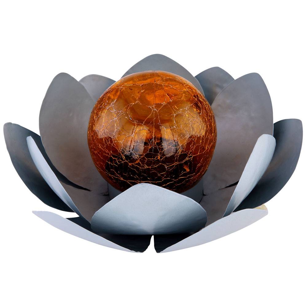 Asia Garten Lotusblüte Deko Solar Lotusblüte für Außen Gartenleuchte Deko Leuchten, Crackle Glas Metallblätter grau, 1x LED, D 25 cm