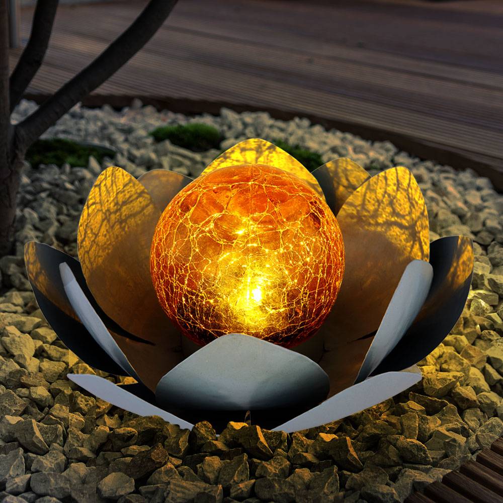 Asia Garten Lotusblüte Deko Solar Lotusblüte für Außen Gartenleuchte Deko Leuchten, Crackle Glas Metallblätter grau, 1x LED, D 25 cm