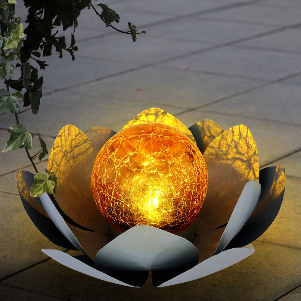 Asia Garten Lotusblüte Deko Solar Lotusblüte für Außen Gartenleuchte Deko Leuchten, Crackle Glas Metallblätter grau, 1x LED, D 25 cm