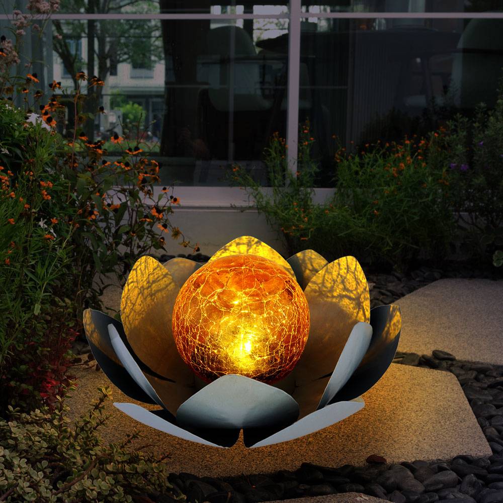 Asia Garten Lotusblüte Deko Solar Lotusblüte für Außen Gartenleuchte Deko Leuchten, Crackle Glas Metallblätter grau, 1x LED, D 25 cm