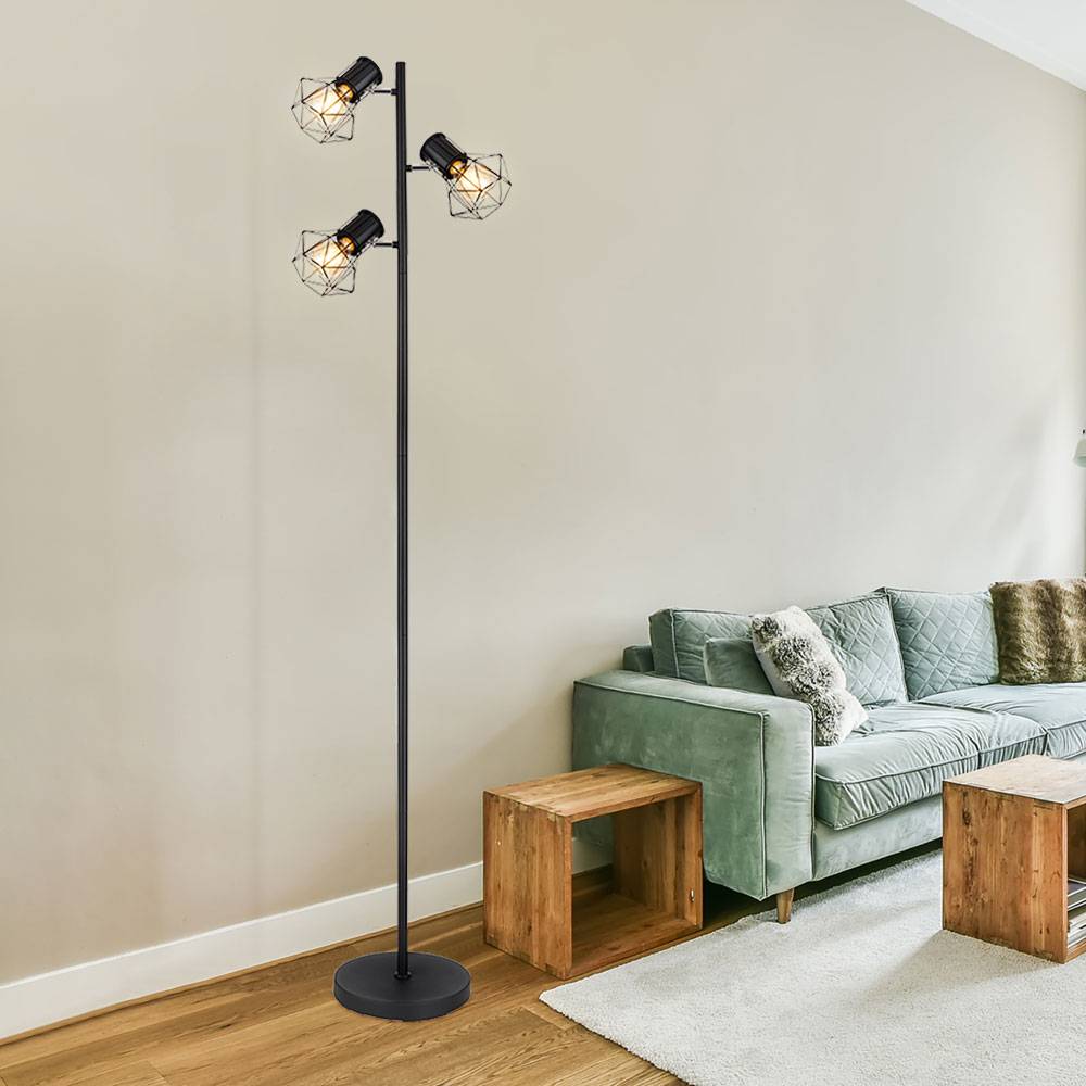 Stehleuchte Stehlampe Industrial Design Wohnzimmerleuchte Deckenfluter 3-flammig, Metall schwarz, 3x E27 Fassungen, LxBxH 30,5x25x161 cm