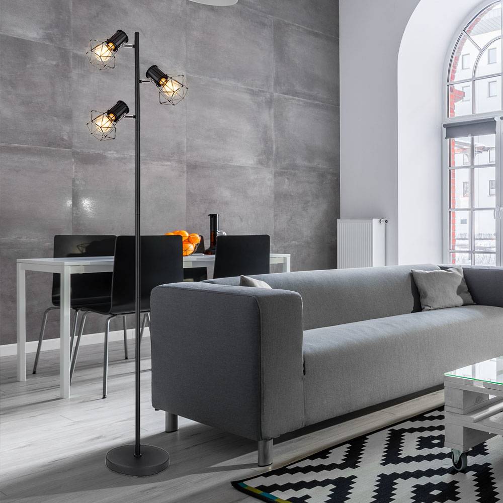 Stehleuchte Stehlampe Industrial Design Wohnzimmerleuchte Deckenfluter 3-flammig, Metall schwarz, 3x E27 Fassungen, LxBxH 30,5x25x161 cm